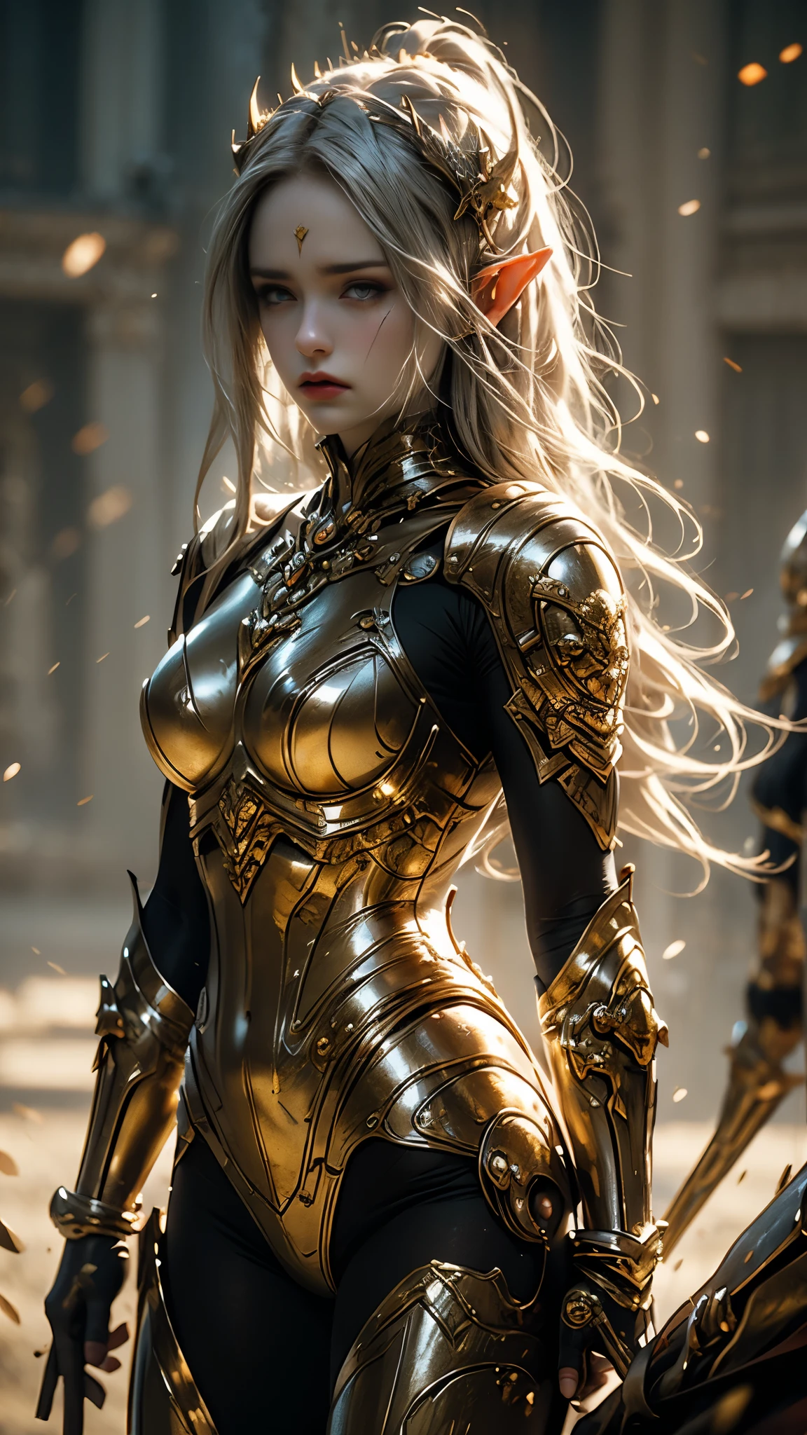 Stunning illustration of a beautiful female elf wearing ornate silver armor standing on battlefield, cinematic lighting, rim lighting, cowboy shot.