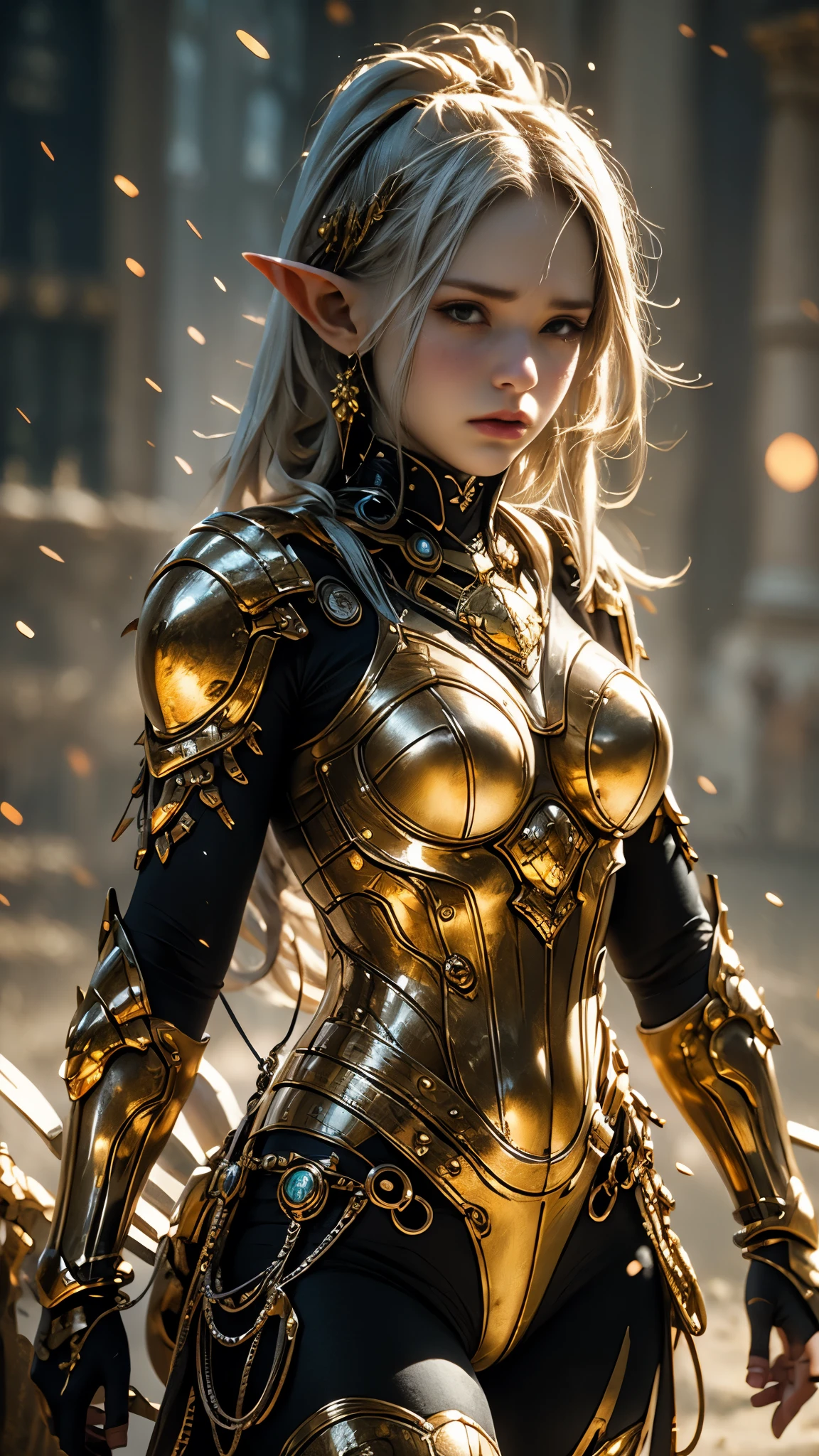 Stunning illustration of a beautiful female elf wearing ornate silver armor standing on battlefield, cinematic lighting, rim lighting, cowboy shot.