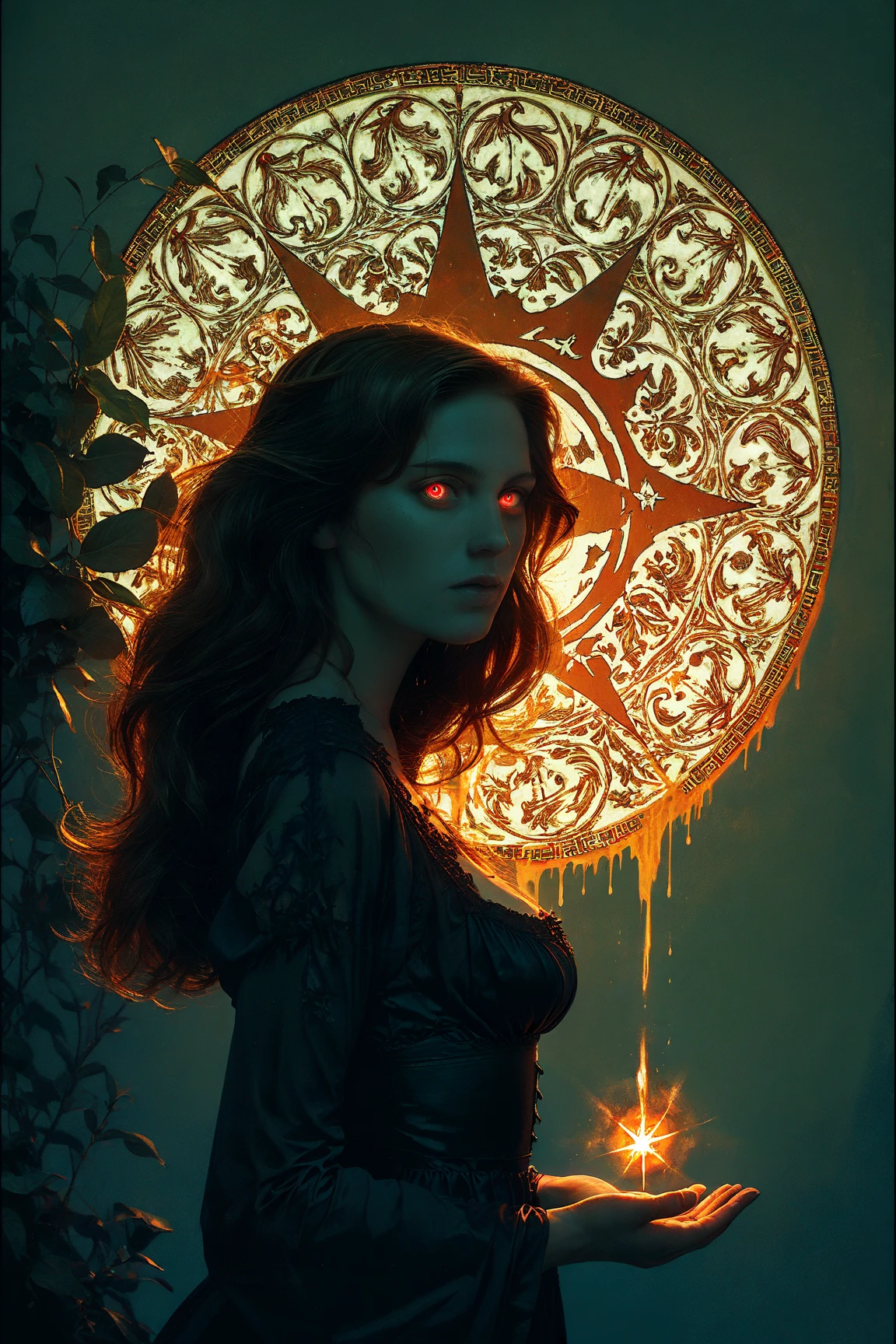 (Limited palette:  red green black ),Silhouette,Women, runes,  glowing symbols ,  magic spell , Half breasts,  oil on canvas  \(Half\),  , Dmt, witch, geodes ,  bright eyes,  light flowing in and out of your body,  flowing water and glowing , metal, day, Art Nouveau