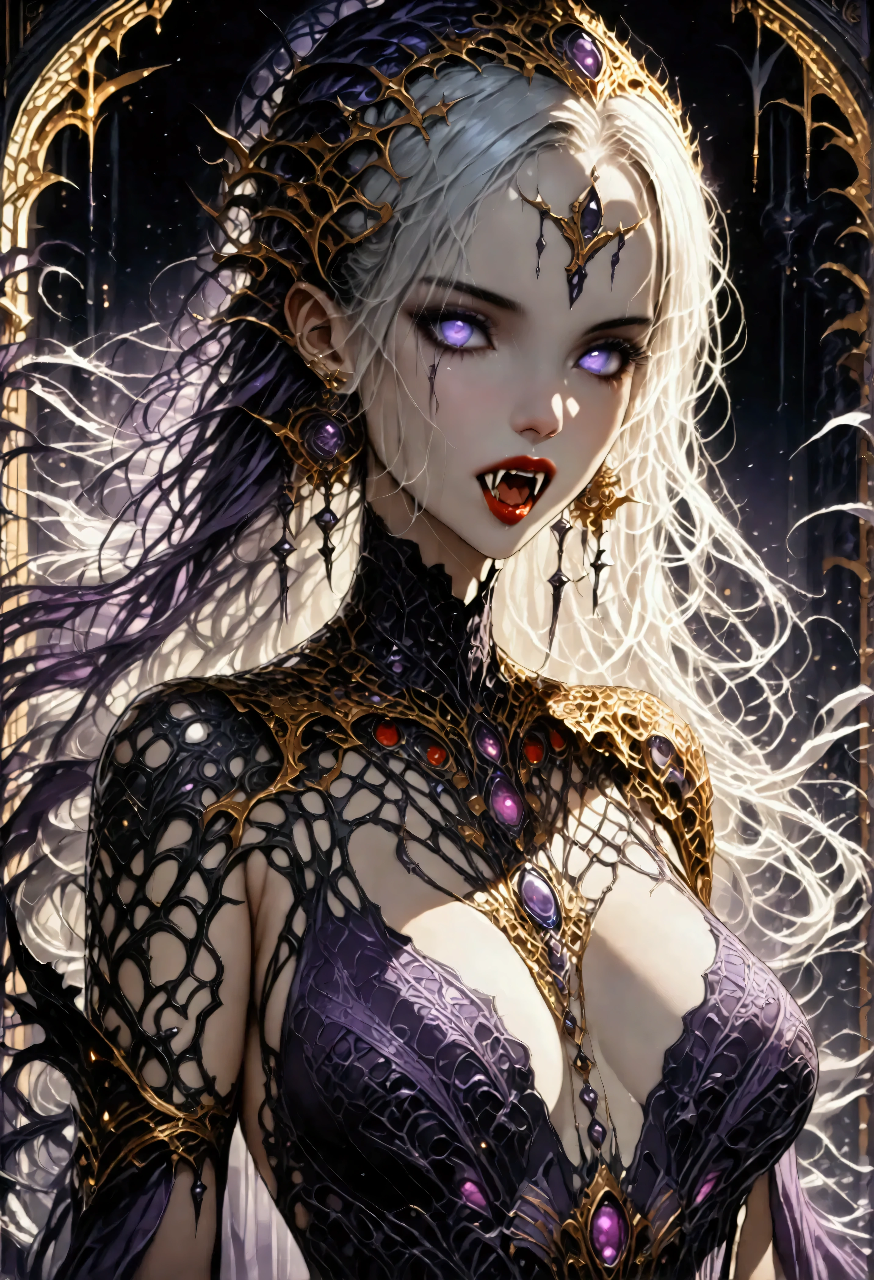 art deco illustration, gothic art, (masterpiece:1.5), full body best details, highly detailed, best quality, highres, full body portrait of a female vampire, (Masterpiece, best quality: 1.6), ultra feminine, with a long curvy hair, white hair, glowing blue eyes, busty, ((beautiful delicate face)), Ultra Detailed Face (intricate details, fantasy art, Masterpiece, best quality: 1.5), ((vampiric fangs 1.5)), flowing cloak (intricate details, fantasy art, Masterpiece, best quality: 1.3), wearing an intricate (purple silk dress: 1.4) intricate silk dress (intricate details, fantasy art, Masterpiece, best quality: 1.5), high heeled boots, fantasy urban background (intense details, beat details), fantasy, at night light, natural ,moon light, clouds, gothic atmosphere, soft light, dynamic light, [[anatomically correct]], high details, best quality, 8k, [ultra detailed], masterpiece, best quality, (extremely detailed), dynamic angle, rpg portrait, photograph, Perfect Fangs,
