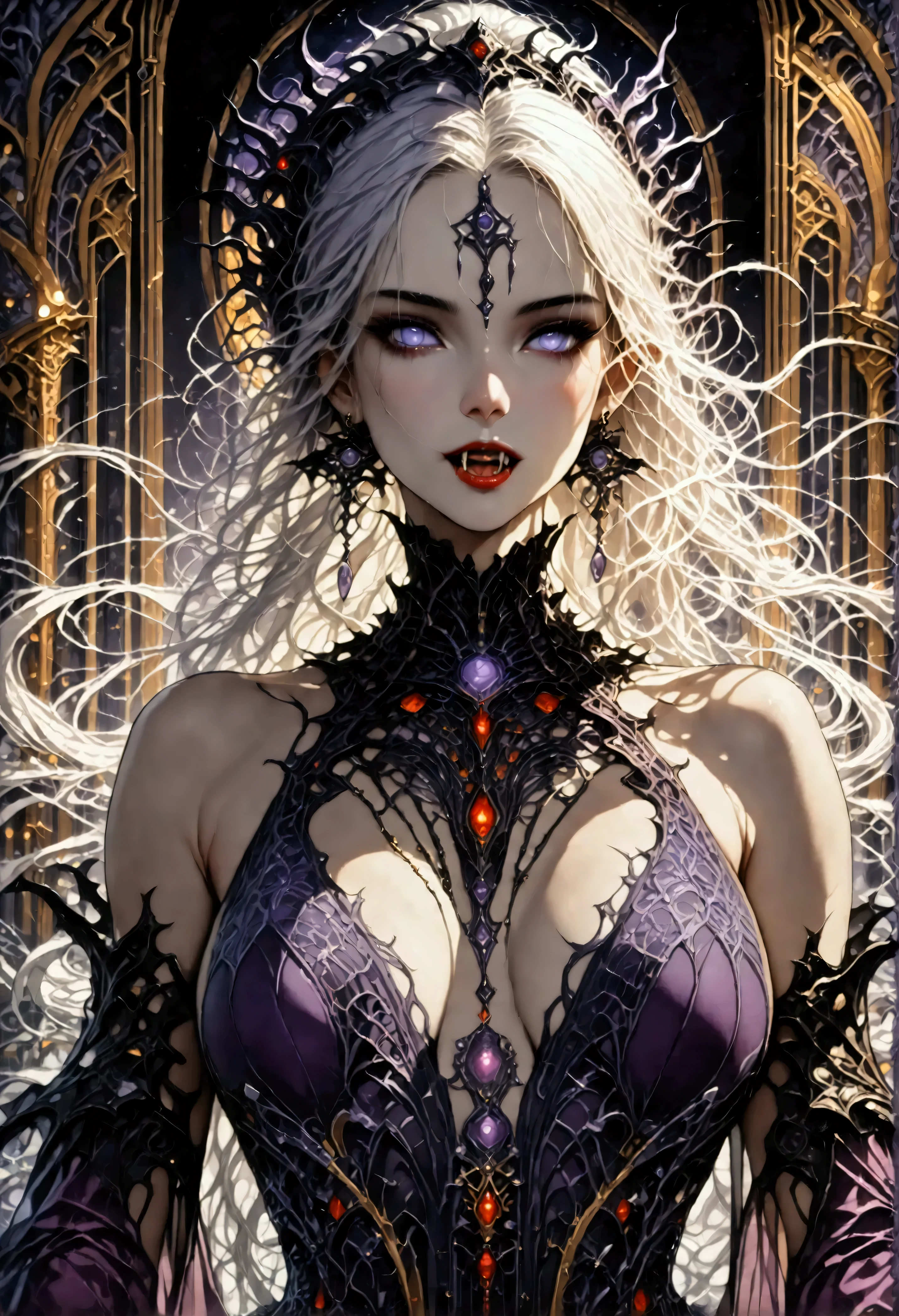 art deco illustration, gothic art, (masterpiece:1.5), full body best details, highly detailed, best quality, highres, full body portrait of a female vampire, (Masterpiece, best quality: 1.6), ultra feminine, with a long curvy hair, white hair, glowing blue eyes, busty, ((beautiful delicate face)), Ultra Detailed Face (intricate details, fantasy art, Masterpiece, best quality: 1.5), ((vampiric fangs 1.5)), flowing cloak (intricate details, fantasy art, Masterpiece, best quality: 1.3), wearing an intricate (purple silk dress: 1.4) intricate silk dress (intricate details, fantasy art, Masterpiece, best quality: 1.5), high heeled boots, fantasy urban background (intense details, beat details), fantasy, at night light, natural ,moon light, clouds, gothic atmosphere, soft light, dynamic light, [[anatomically correct]], high details, best quality, 8k, [ultra detailed], masterpiece, best quality, (extremely detailed), dynamic angle, rpg portrait, photograph, Perfect Fangs,
