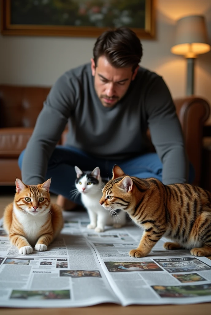  Tabloid Spread Out on the Living Room Floor 、 Man Sitting on the Floor and Looking into the Tabloid 、 Playing Brown Tiger, Black, White, and Calico Cat Riding on Tabloids、Annoying Man's Face 、 Slightly Elegant Afternoon Scenery 、 Middle Class Living Room 。