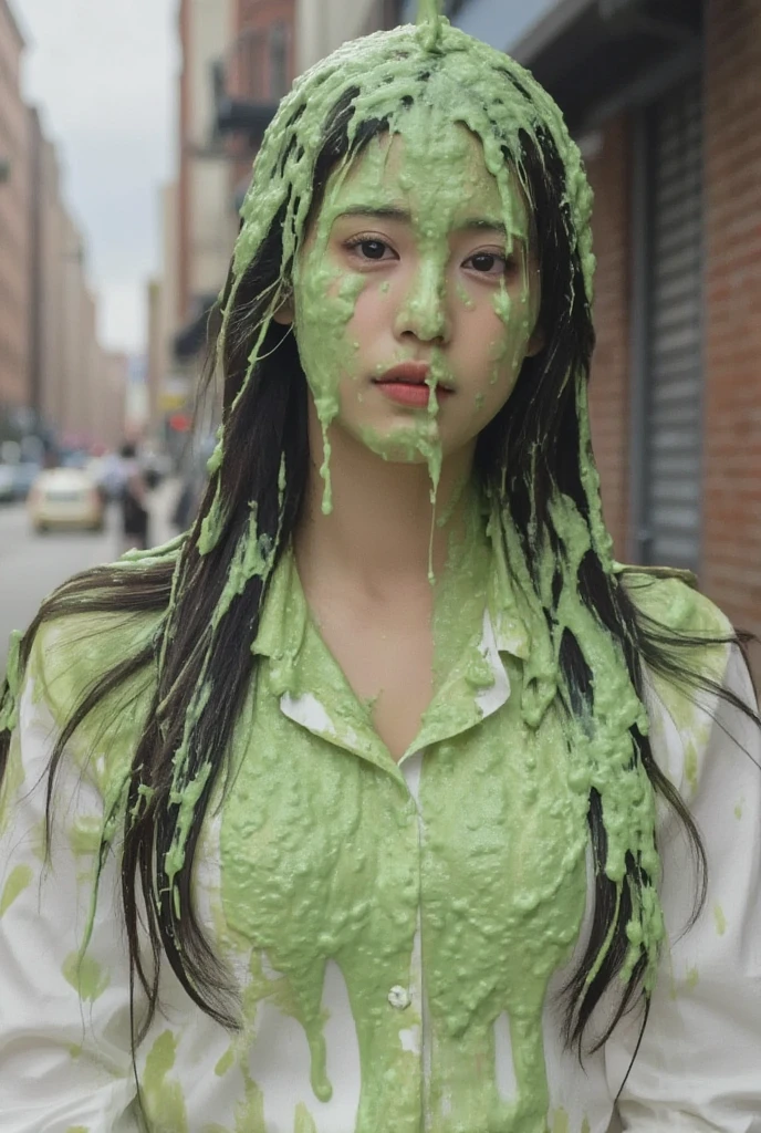 DSLR photograph. Beautiful Chinese woman covered in green water. Photorealistic. Wet liquid. Nasty slime. Raw photo. New York City streets. Daytime. Green Slime. Dripping green goo. 21 years old. (Asian: 1.1). pigtails. Green water. Portrait photo. Beautiful Asian face. (Cleavage, necktie: 1.2). White button dress shirt with cleavage reveal.