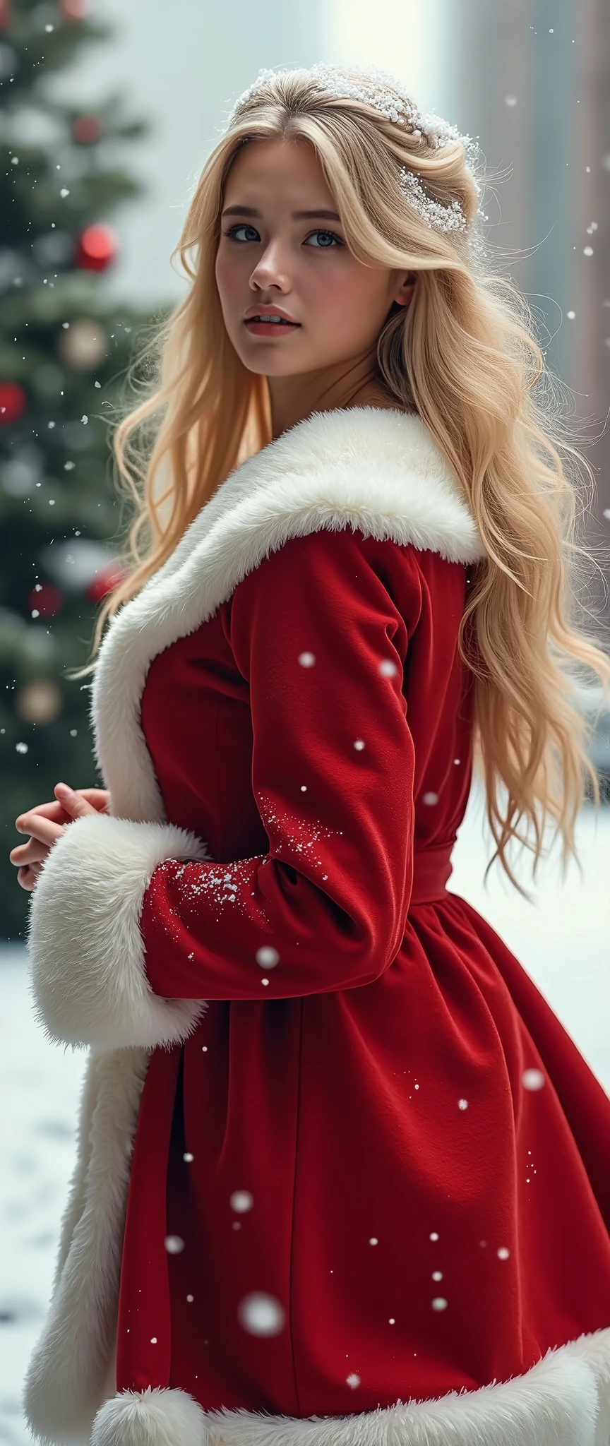 masterpiece,  top quality ,  super detailed ,  illustration,  beautiful details,  depth of field ,  dynamic angle, 8k wallpaper,  portrait,  best image quality ,  Details,  snow falling 、Christmas tree background in the city,  full body high quality image , contemporary,  dress,  blondes,  long hair,  face details,The actress who cosplays as Santa Claus。