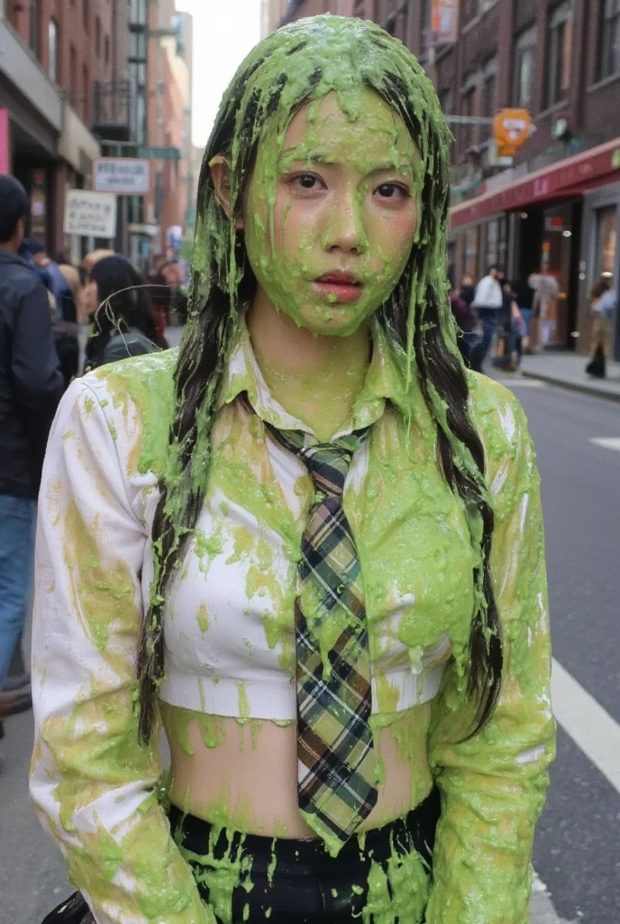 DSLR photograph. Beautiful Chinese woman covered in green water. Photorealistic. Wet liquid. Nasty slime. Raw photo. New York City streets. Daytime. Green Slime. Dripping green goo. 21 years old. (Asian: 1.1). pigtails. Green water. Portrait photo. Beautiful Asian face. (Cleavage: 1.2). Tight White button dress shirt with cleavage reveal. Necktie. Schoolgirl uniform.