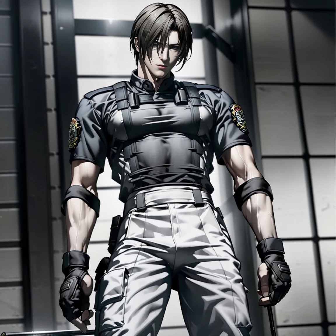 (High resolution CG), ( top quality ), (High resolution CG), ( top quality ), Leon S. Kennedy has a beautiful body, SWAT Clothing, Handsome and cool young man, Slim and Muscular, Large breasts, Peeing, My crotch is wet, Embarrassed, high quality