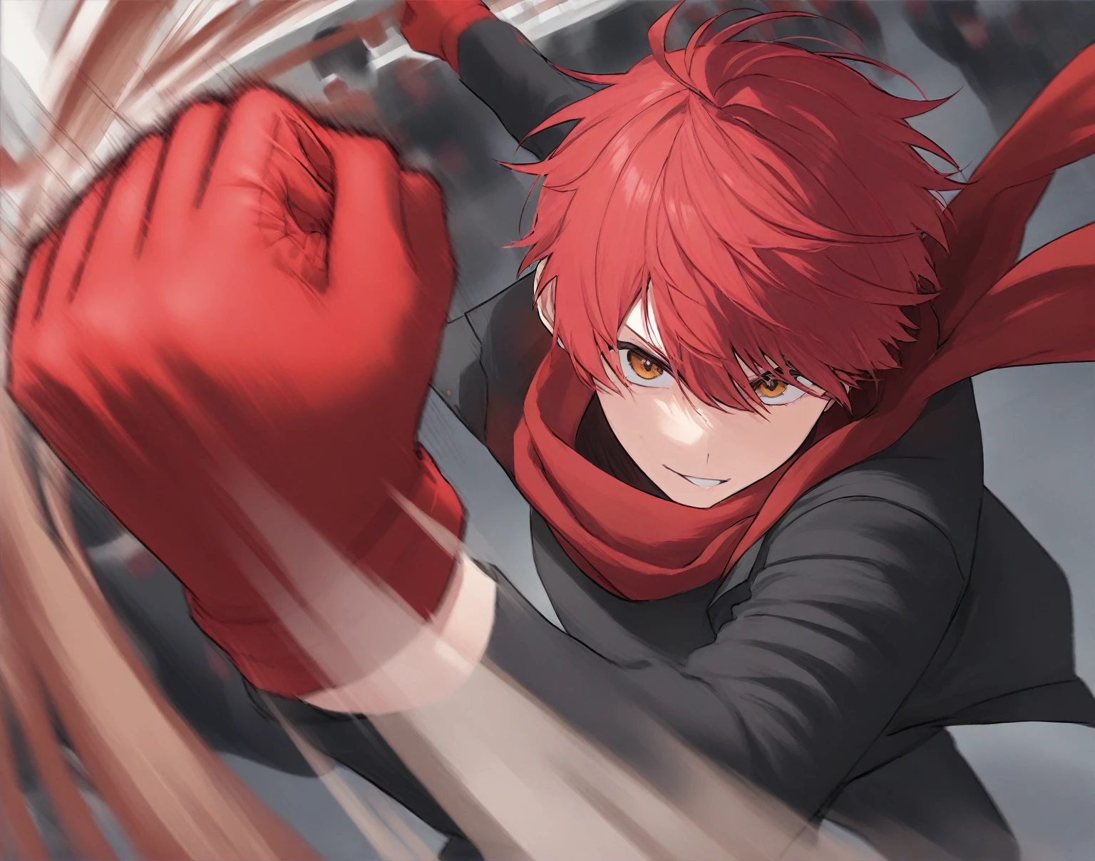  a guy with red hair punches a gloved in the frame,  dynamic shot a red guy on the move , he is wearing a black jacket and a red scarf 