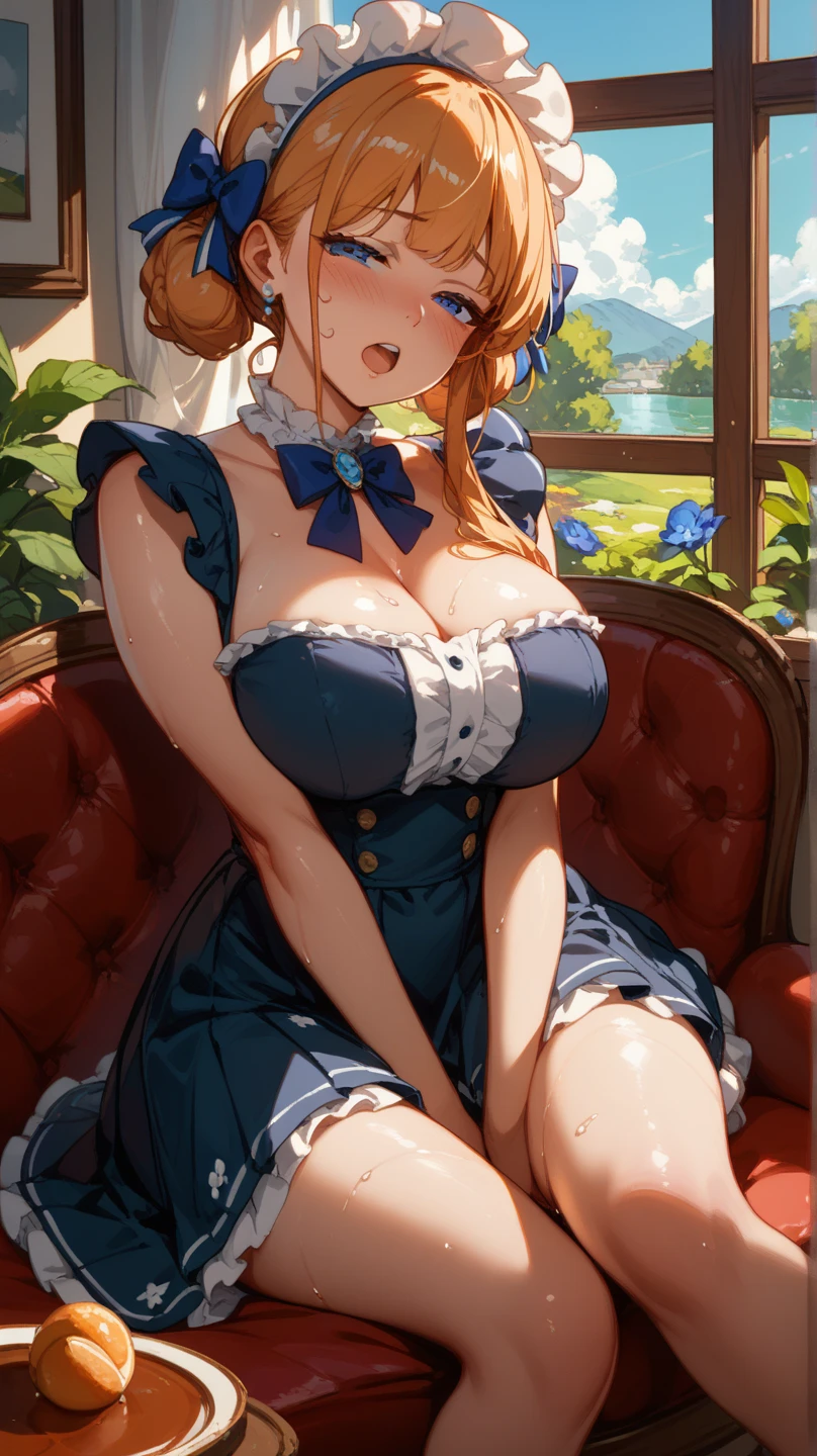 1 female、exact number of fingers、Exact number of arms、bangs, ribbon ponytail, brown hair, (blush:1.1), (put one hand in your panties:1.5), fingering, (pussy juice:1.2), cum in face, The woman is standing and leaning on the desk、white and navy idol costume、navy blue corset、skirt(Very luxurious and detailed underwear:1.2), Ribbon at collar,(Light blue lace panties:1.2)、(Light blue lace bra:1.2), light blue sexy underwear, Thighhighs、 beautiful big breasts, (erect nipples:0.95), skirtはめくれている、highest quality, High resolution, (detailed and beautiful eyes:1.6), highly detailed face, perfect lighting, Very detailed CG, (perfect hands, perfect anatomy),embarrassed expression、The expression that you are holding back from going to the toilet, (sexual pleasure expression:1.3), expression of agony、close your eyes、ecstatic、sexy look、looked up、mouth half open、Climax、school classroom