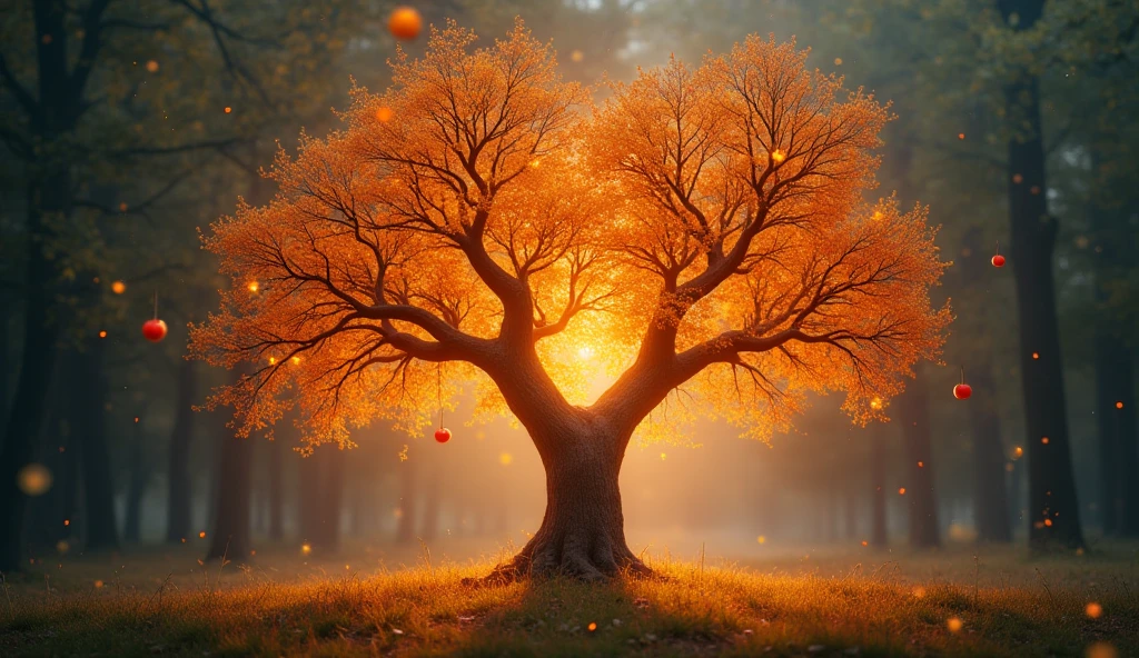 two bright intertwined trees, focusing on their sparkling leaves and fruits that shine a warm light. The bark of the tree has a radiant, radiant shine. Surrounding the tree, creating a magical atmosphere.