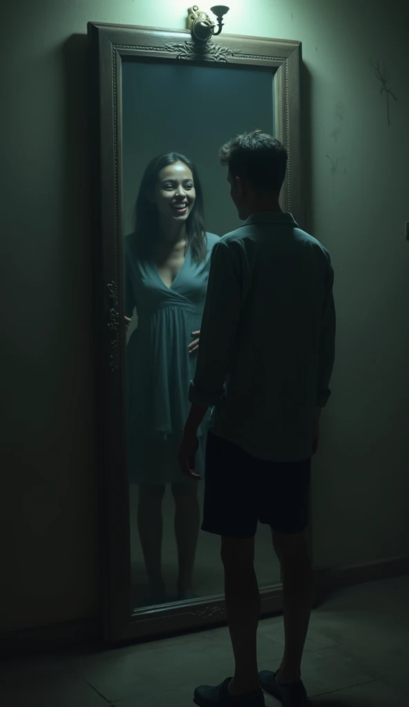 Slowly, it raised its hand, waving at her."Image 3: The reflection smiling unnaturally while the person looks terrified.