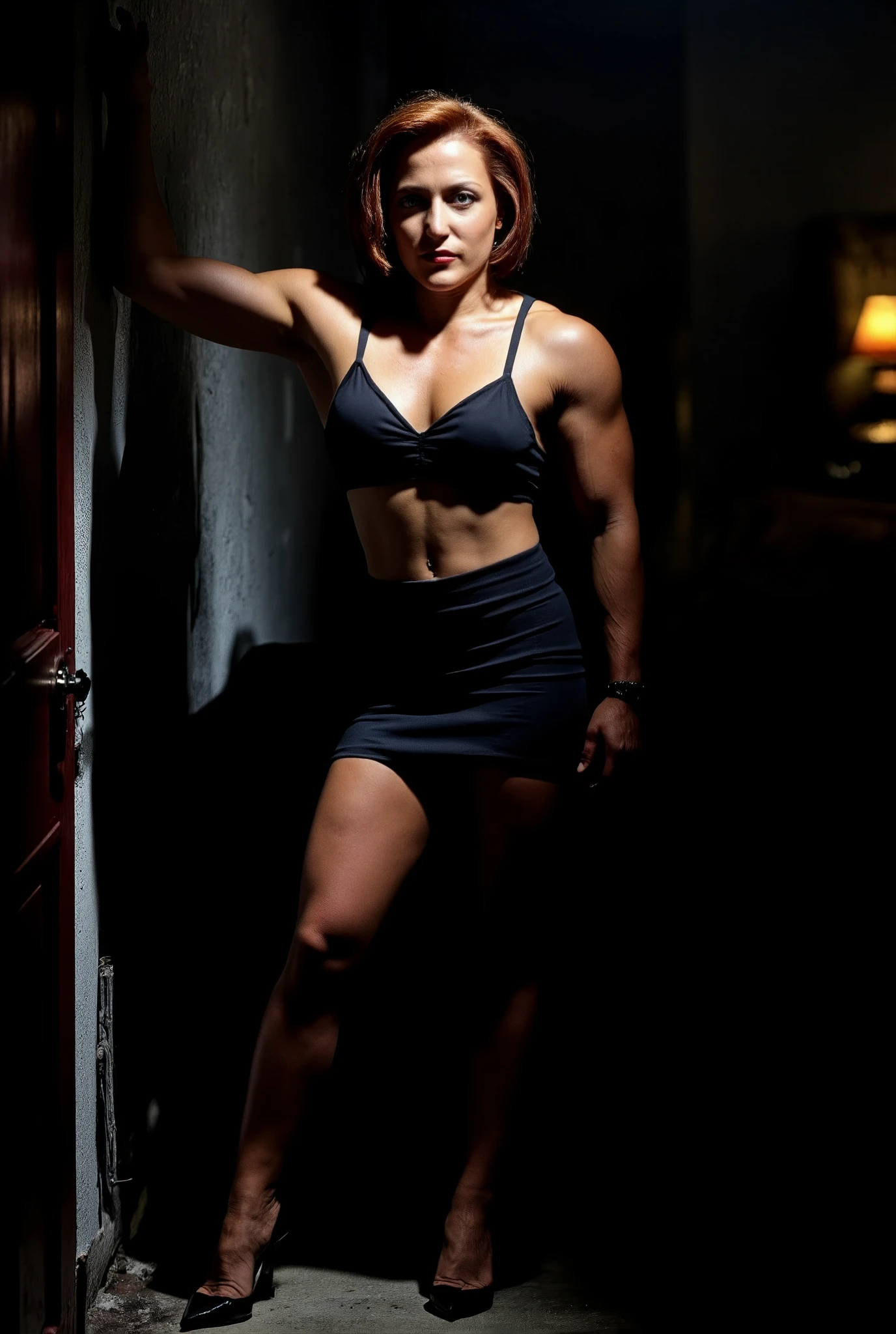 Photo realistic, movie still, Dana Scully, seductive, she is wearing a black professional skirt, high heeled shoes, muscle girl, MuscleMommy, one hand leaning against door, dynamic pose, Asymetric pose. She wears a black bra revealing her (defined 6 pack abs) and sexy cleavage. She stands in a decaying motel room, very dark lighting, only light source is a small bedside lamp, highlighting her (visible muscles), (biceps )and 6 pack (abs), delts/shoulders, tiny waist. View from below