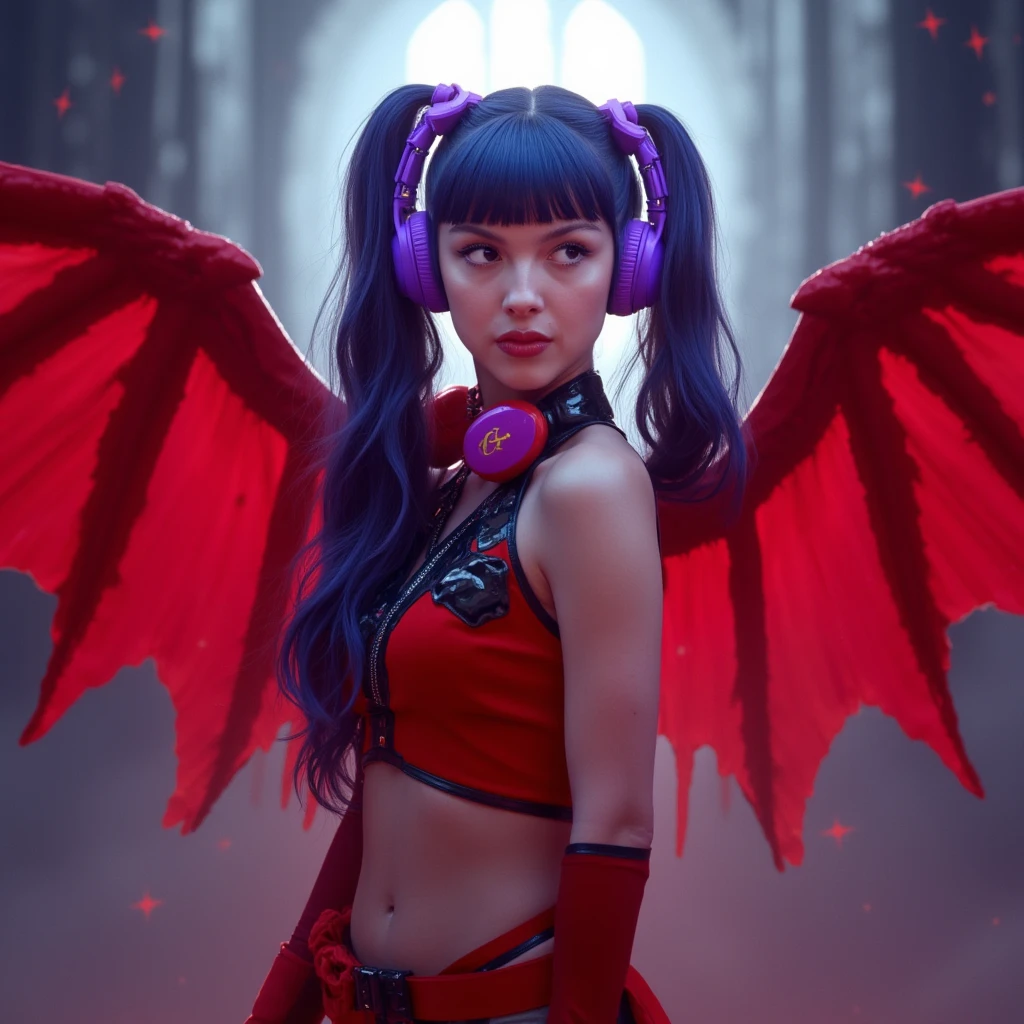 a woman, dark blue hairs long two ponytails, red top and skirt, purple headphones, red wings 