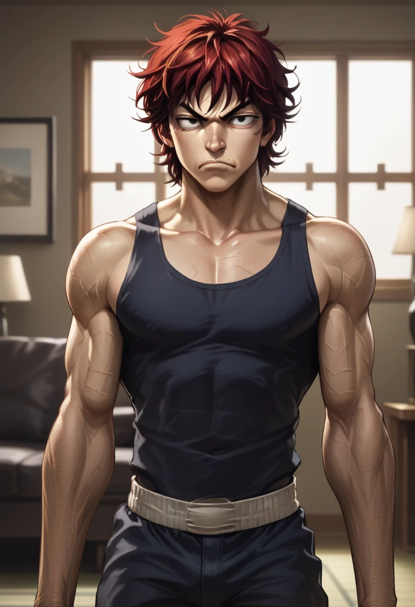 score_9, score_8_up, score_8,   1boy, b4k1, mole, male focus, solo, living room, window, source_anime,baki hanma, baki face, baki angry, face to face, facing, baki hanma (baki the grappler), baki the grappler, baki (baki series), red hair, 
