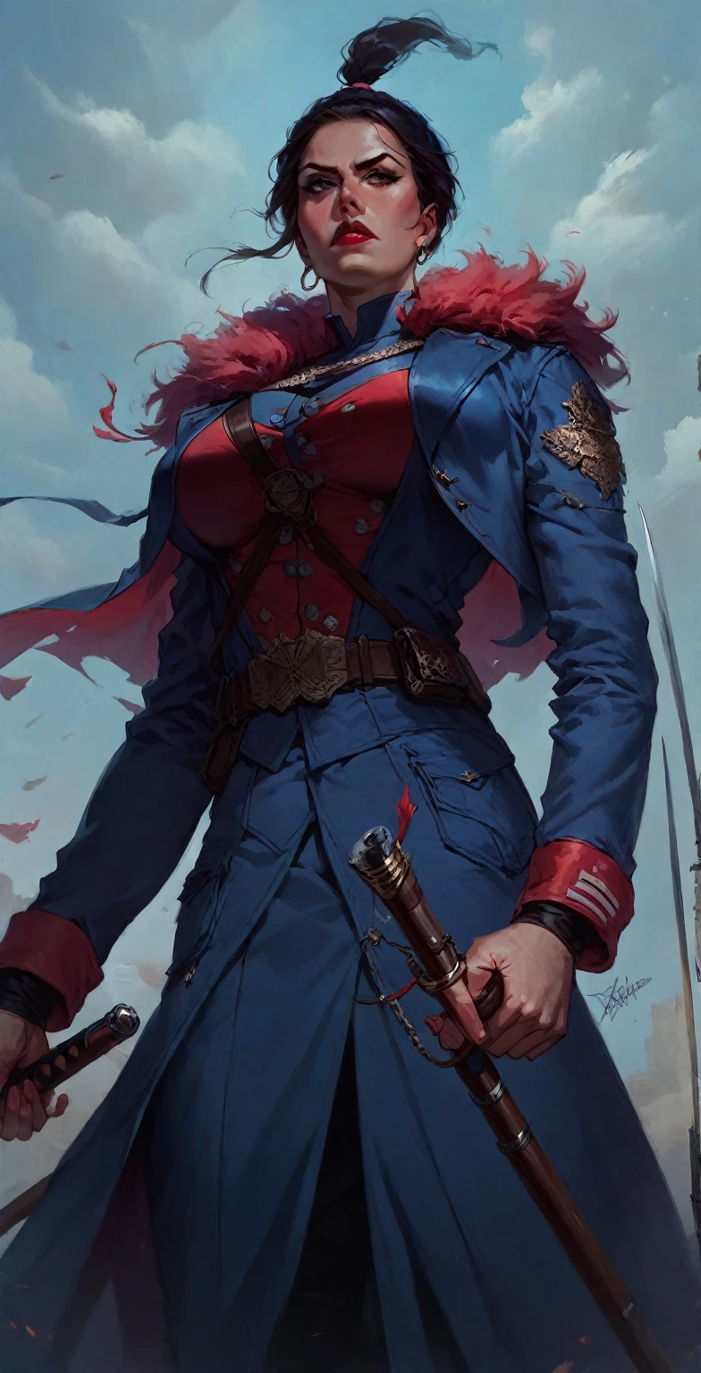 A portrait image low angle painting of an upper body of a mature woman, muscular, aged woman, tall woman, with thick lips and a serious and determined expression. She has thick lips, lipstick. She is strong and powerful. She has big legs and arms. She has an early modern soldier outfit underneath her military coat. She has a long thick ((military cape) on her shoulders). She is standing in a battlefield. She has wide shoulders. She has big breasts, big boobs. Very detailed, high quality.