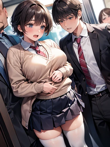 (NSFW:1.5), ultra detailed game CG, (High resolution:1.1),(absurderes:1.1), Best Quality, Ultra high definition, The highest resolution, Very detailed, Anime, 1girl in, Little Girl, iroha, Brown hair, Short hair, Yellow eyes, sobu highschool uniform, Black Blazer, PINK SHIRT, Red Ribbon, plaid skirts, , (Sex with multiple men:1.3), cum shots, Spread legs, Lying down, (Breasts out:1.1) , Cute face, Looking at Viewer, Outdoors, Crowd of boys, Boy filming with camera, Anime style, wakame, medium breasts, From below, red lines under eyes, girl peace pose, girl peace sign, Spread