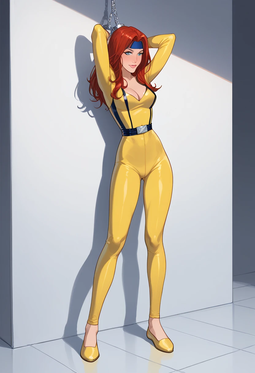 ((full body shot, standing, feet on the floor)) Jean Grey - Marvel - Marvel Animation, detailed eyes, high detail, small waist, 1 girl, wearing (sexy x-men outfit: 1.2), small perky breasts, cleavage, shy, blushing, on wall, hands tied, happy, arms tied, hands behind head, arms up, thigh, rear view, sexy ass on display, (binding, handcuffs), leather ballet slippers, yellow shoe sole, showing the sole of the shoe


