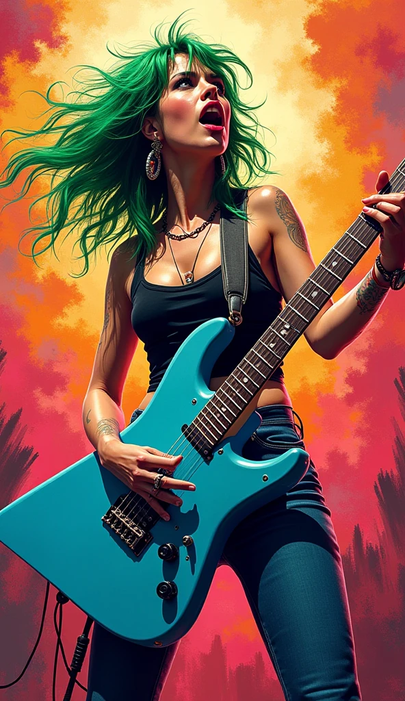 Focus a punk woman with green hair standing up, a pierced nose, and several large hoop earrings. playing blue electric guitar
 abstract, abstract expressionism, Artistic, psychedelic,