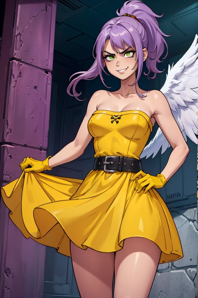 (mejor calidad, Obra maestra), mirando abajo, viento, Partícula, parte superior del cuerpo, 1 girl, ((angel wings)), ((light skin)), red lips, medium hair, ponytail, (((light purple hair))), ((green eyes)), medium breast, (((yellow dress))), (purple gloves), ((yellow strapless dress)), stockings, frowning, ((insane face angry)), (scars on body), long hair, messy hair, (smiling), belt, a side bangs