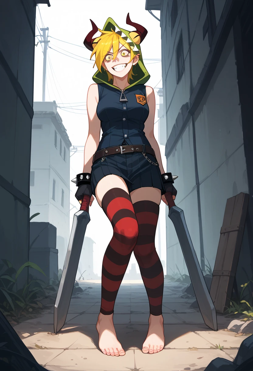 ((photo by full body, standing, Feet on the ground))(masterpiece, best quality:1.2), solo, 1girl, demencia, evil grin, looking at viewer, straddling, yellow eyes, constricted eyes, constricted pupils, striped, vest, sleeveless, hood, horns, thighhighs, fingerless gloves, jewelry, bracelet, spikes