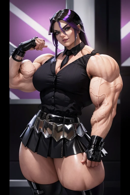 ((Close-up)), tall, (violet purple hair) beautiful muscular woman, long hair with long bangs, pale white skinned, closed smile, (black lipstick), (massive muscles), (hyper muscle), ((ginormous bulky muscles)), black eyes, ((violet lace bra)), (((black long pleated skirt with belt))), (fingerless gloves), Jewel choker, (thigh highs), (flexing bicep), morning in college, 