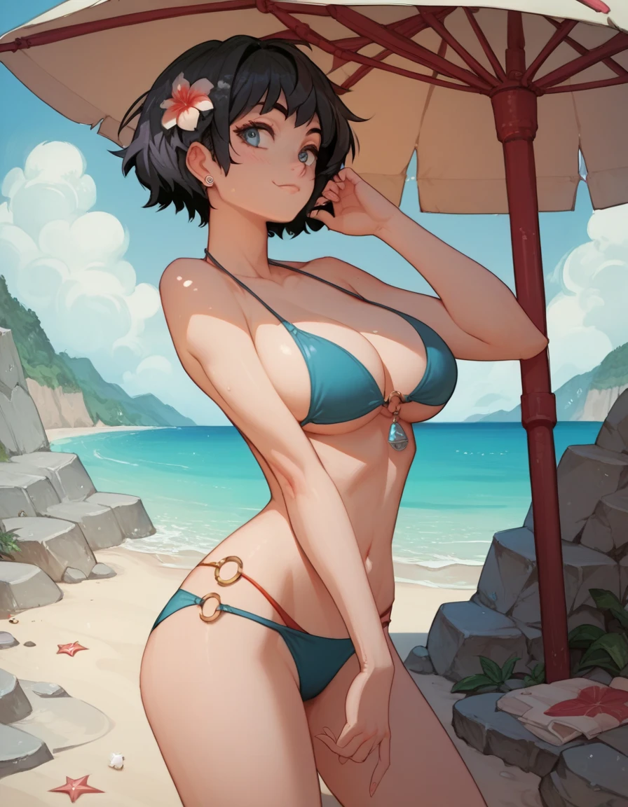 score_8_ up, score_7_ up, score_6_ up,  Source_Anime, Aiken 3: Kyuboy,  One girl ,  black hair,  short hair,  Big Breasts ,  bikini,  clevis on a stone,  viewers,  Beach ,  standing 