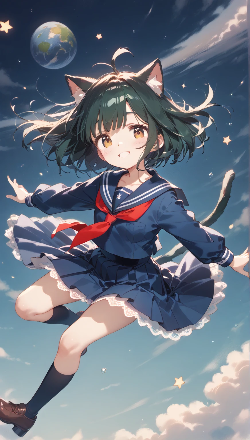  A cute girl is floating in the air catching the wind。,  draw the camera angle slightly to depict the whole body 。, (Hairstyle: dark green short bob with cat ears ), (face:瞳がオレンジ色で照れた笑faceの日Books人女子), (Body Type: slender and short ), (emotion: peaceful and serene ), (clothing: a red ribbon tie on her chest in a dark blue sailor suit , pleated skirt, white lace inner skirt ), (posture:Unstable), (background:Stars sparkling in outer space 々), masterpiece, Fingers５Books