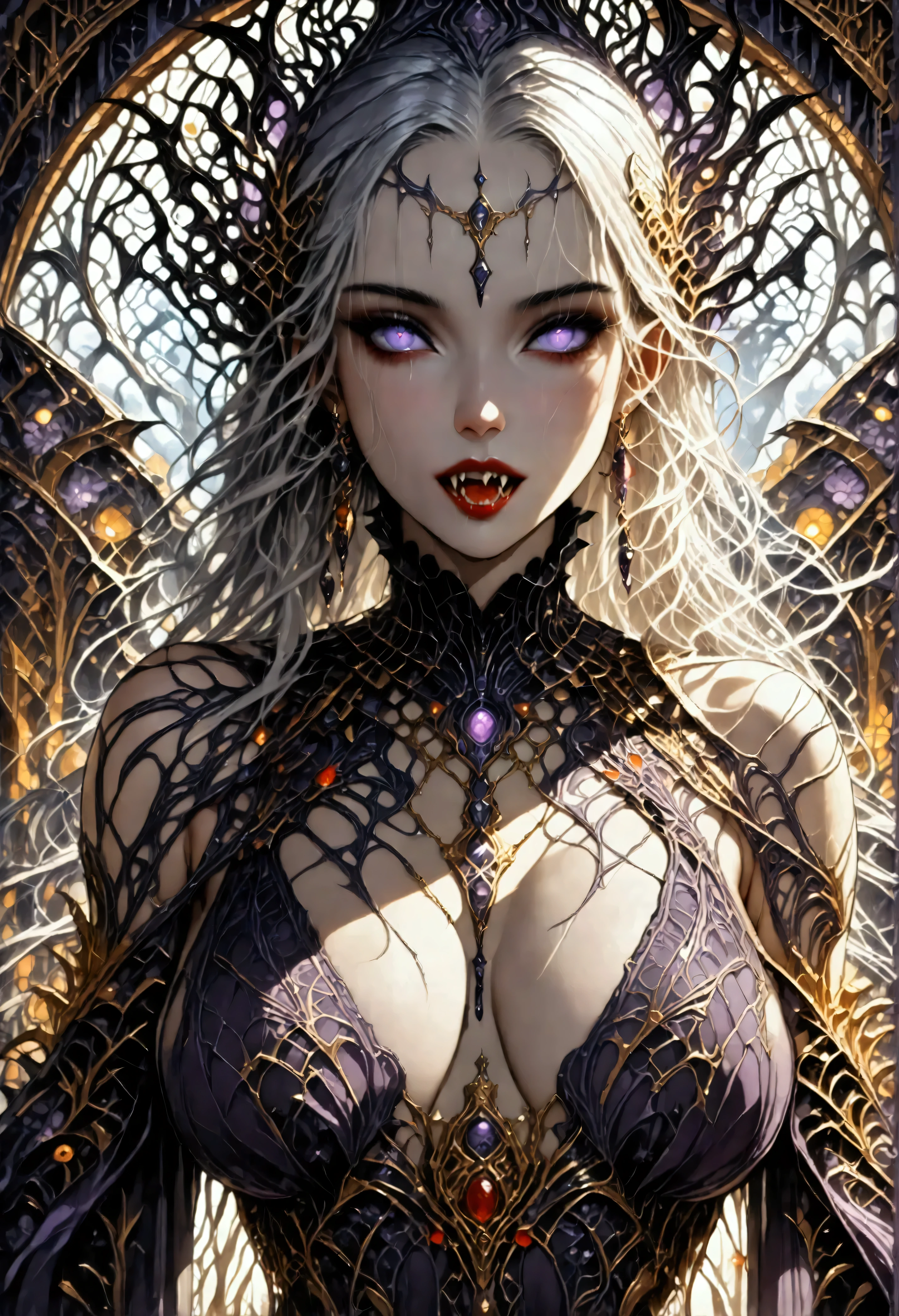 art deco illustration, gothic art, (masterpiece:1.5), full body best details, highly detailed, best quality, highres, full body portrait of a female vampire, (Masterpiece, best quality: 1.6), ultra feminine, with a long curvy hair, white hair, glowing blue eyes, busty, ((beautiful delicate face)), Ultra Detailed Face (intricate details, fantasy art, Masterpiece, best quality: 1.5), ((vampiric fangs 1.5)), flowing cloak (intricate details, fantasy art, Masterpiece, best quality: 1.3), wearing an intricate (purple silk dress: 1.4) intricate silk dress (intricate details, fantasy art, Masterpiece, best quality: 1.5), high heeled boots, fantasy urban background (intense details, beat details), fantasy, at night light, natural ,moon light, clouds, gothic atmosphere, soft light, dynamic light, [[anatomically correct]], high details, best quality, 8k, [ultra detailed], masterpiece, best quality, (extremely detailed), dynamic angle, rpg portrait, photograph, Perfect Fangs,
