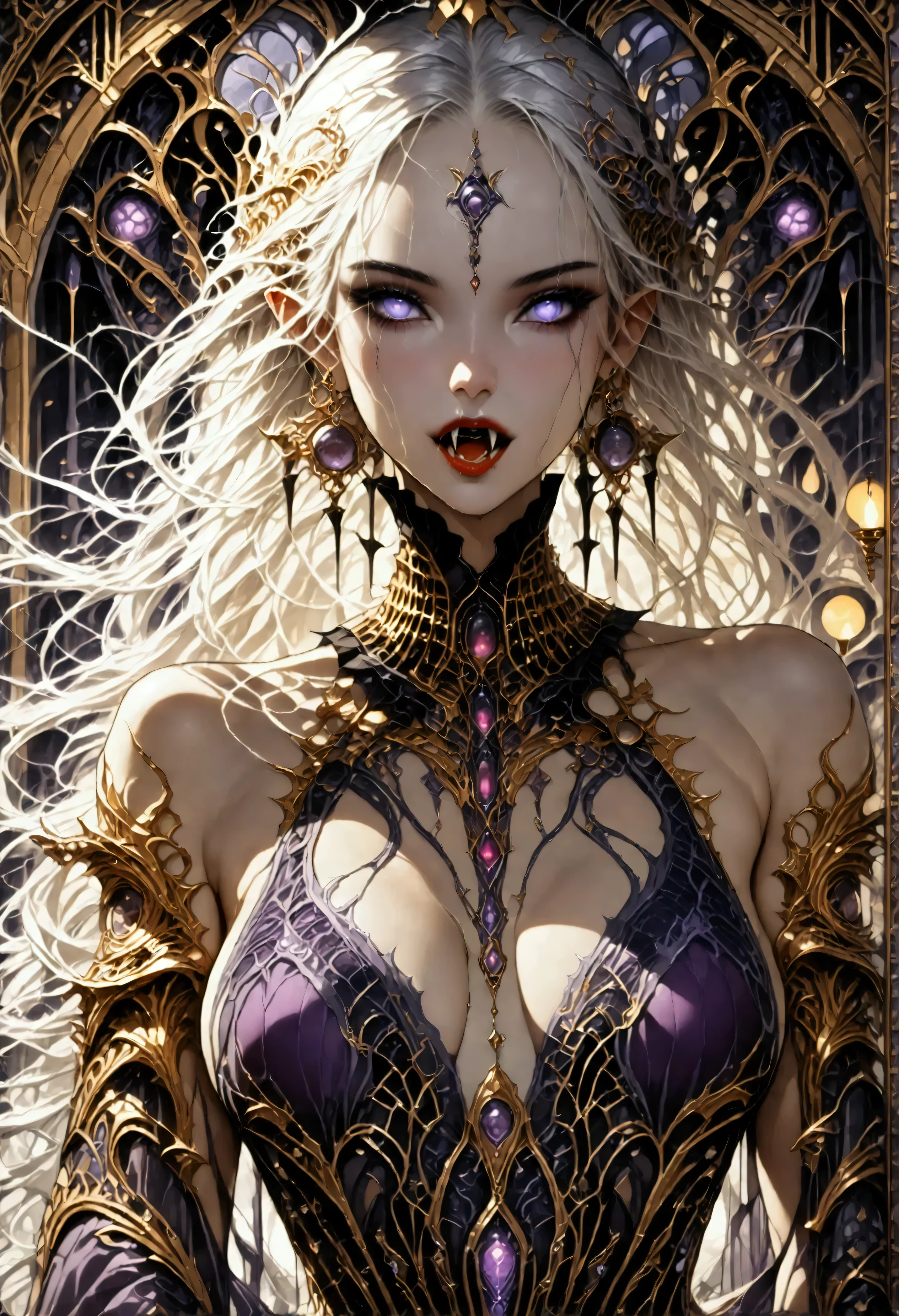 art deco illustration, gothic art, (masterpiece:1.5), full body best details, highly detailed, best quality, highres, full body portrait of a female vampire, (Masterpiece, best quality: 1.6), ultra feminine, with a long curvy hair, white hair, glowing blue eyes, busty, ((beautiful delicate face)), Ultra Detailed Face (intricate details, fantasy art, Masterpiece, best quality: 1.5), ((vampiric fangs 1.5)), flowing cloak (intricate details, fantasy art, Masterpiece, best quality: 1.3), wearing an intricate (purple silk dress: 1.4) intricate silk dress (intricate details, fantasy art, Masterpiece, best quality: 1.5), high heeled boots, fantasy urban background (intense details, beat details), fantasy, at night light, natural ,moon light, clouds, gothic atmosphere, soft light, dynamic light, [[anatomically correct]], high details, best quality, 8k, [ultra detailed], masterpiece, best quality, (extremely detailed), dynamic angle, rpg portrait, photograph, Perfect Fangs,
