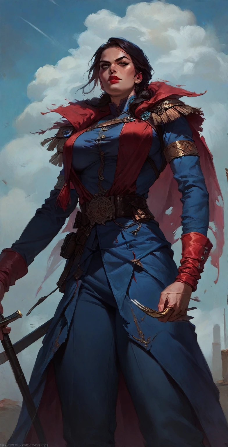 A portrait image low angle painting of an upper body of a mature woman, muscular, aged woman, tall woman, with thick lips and a serious and determined expression. She has thick lips, lipstick. She is strong and powerful. She has big legs and arms. She has an early modern soldier outfit underneath her military coat. She has a long thick ((military cape) on her shoulders). She is standing in a battlefield. She has wide shoulders. She has big breasts, big boobs. Very detailed, high quality.