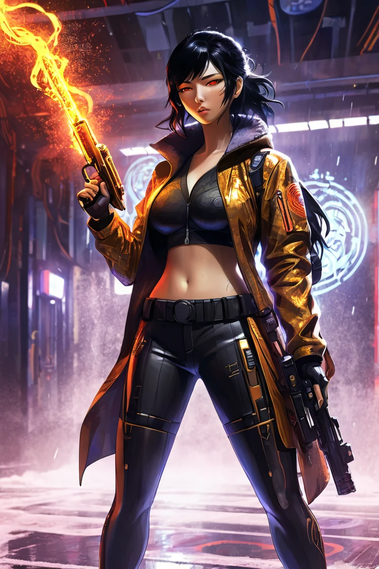  heavy blizzard and rays and snakes ATMOSPHERE , Hinata fusion Sarada ,  black-haired woman with attractive brown fire in full body , lua e sol ao fundo a darck light,  digital chrome gun in hands cyberpunk - art digital oil ink cyberpunk style Yusuke Murata cyberpunk