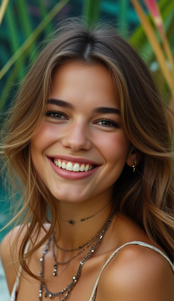 a girl smiling, in the style of reefwave, metalwork jewelry, goa-insprired motifs, eco-friendly craftsmanship, smooth and shiny, exotic, softly organic