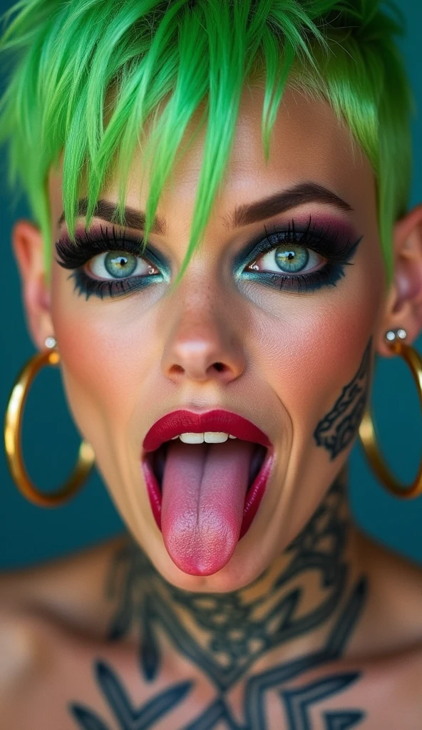 Close up a punk woman face with green hair short cut, style punk, a pierced nose, and several large hoop earrings, she stick out her whimsical tongue, tattoo on face.
 abstract, abstract expressionism, Artistic, psychedelic,