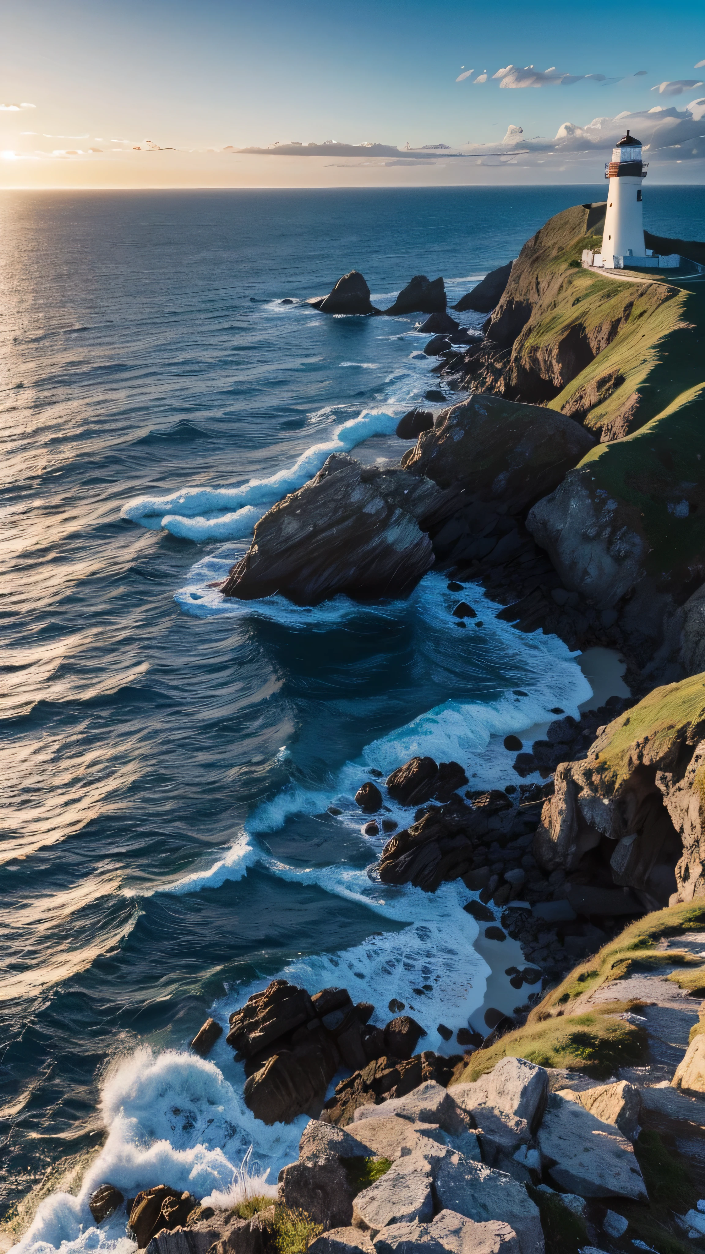  top quality , masterpiece,   beautiful wild natural fantasy landscape with sparkling lights、England's white rocky coastline 。Blue sky and sea　Background with a lighthouse visible in the distance