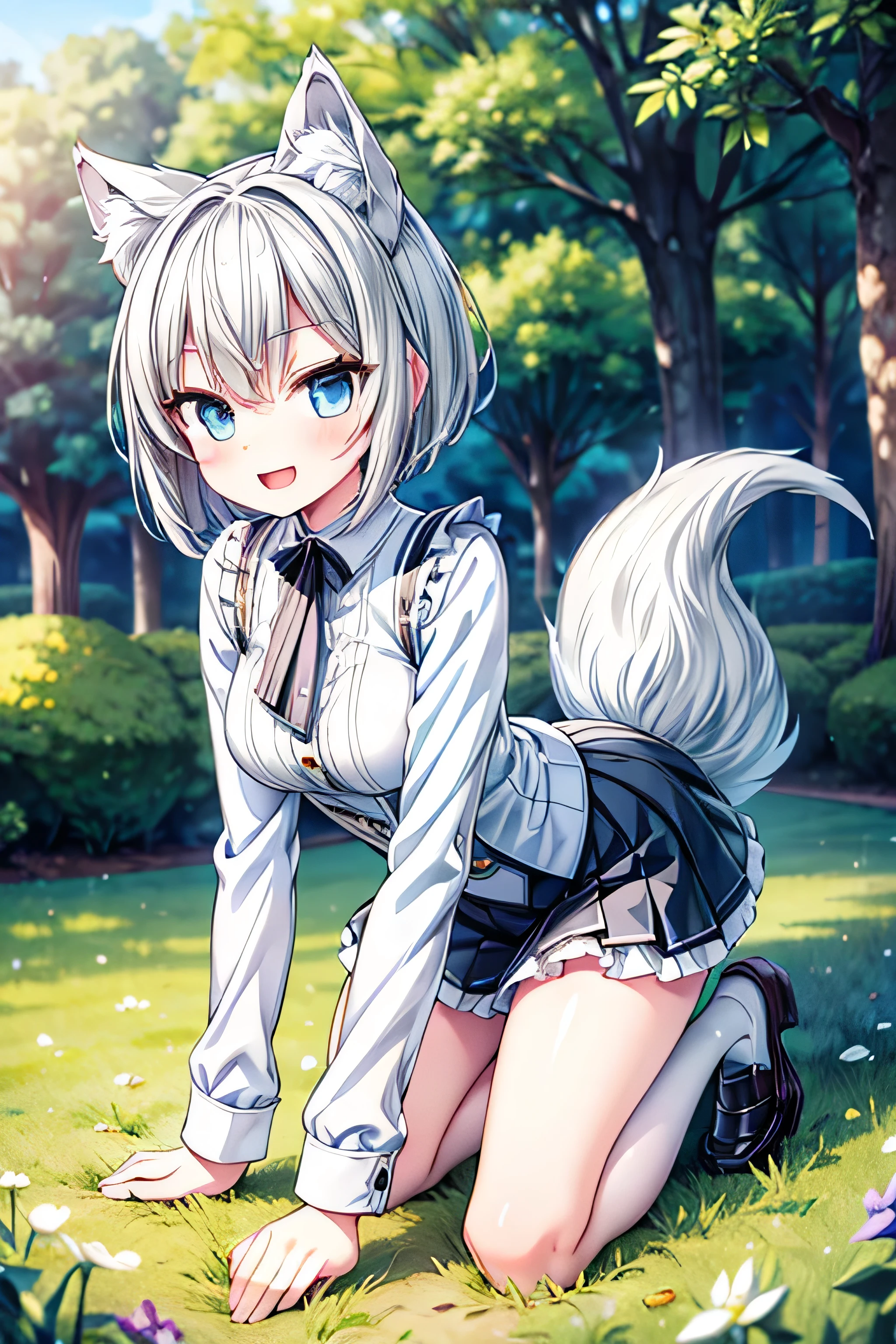 (extremely detailed, 8K resolution, with sharp focus, masterpiece, best quality, Moe Art style, sfw):1.2, 1 cute silver wolf lady, slender full body, kneeling on the grass in the park, detailed skyblue eyes, detailed pupil, extremely contented smile, open mouth, short hair, black loafers