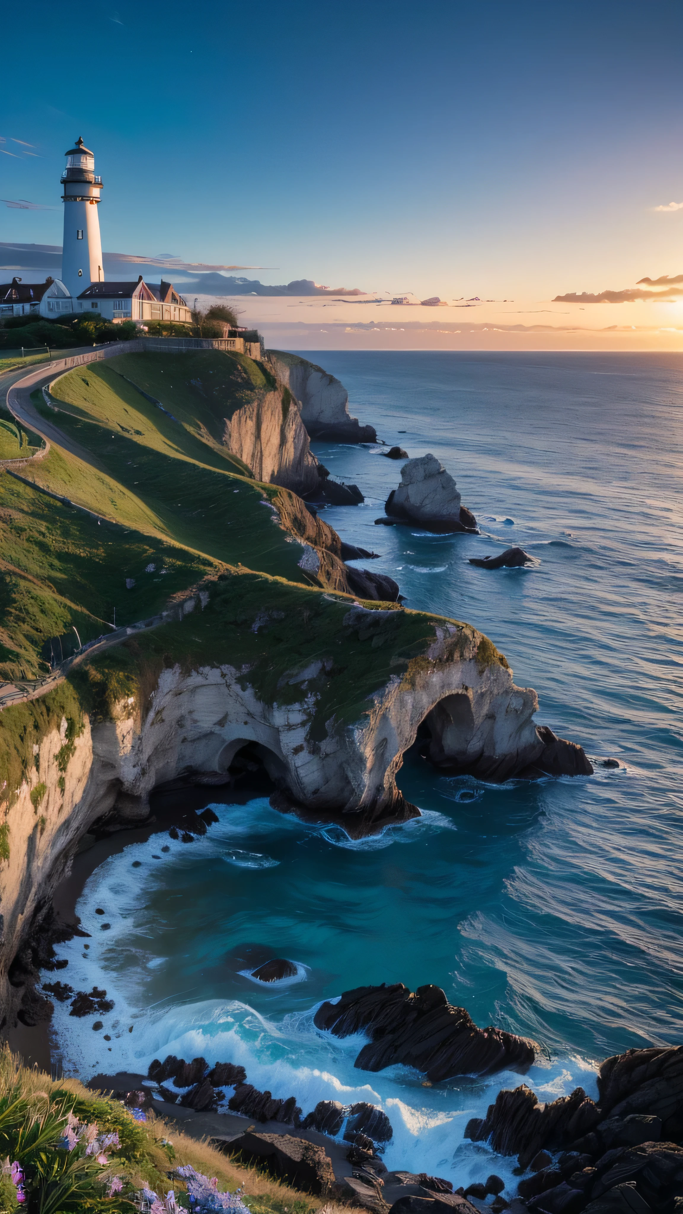  top quality , masterpiece,   beautiful wild natural fantasy landscape with sparkling lights、England's white rocky coastline 。Blue sky and sea　Background with a lighthouse visible in the distance