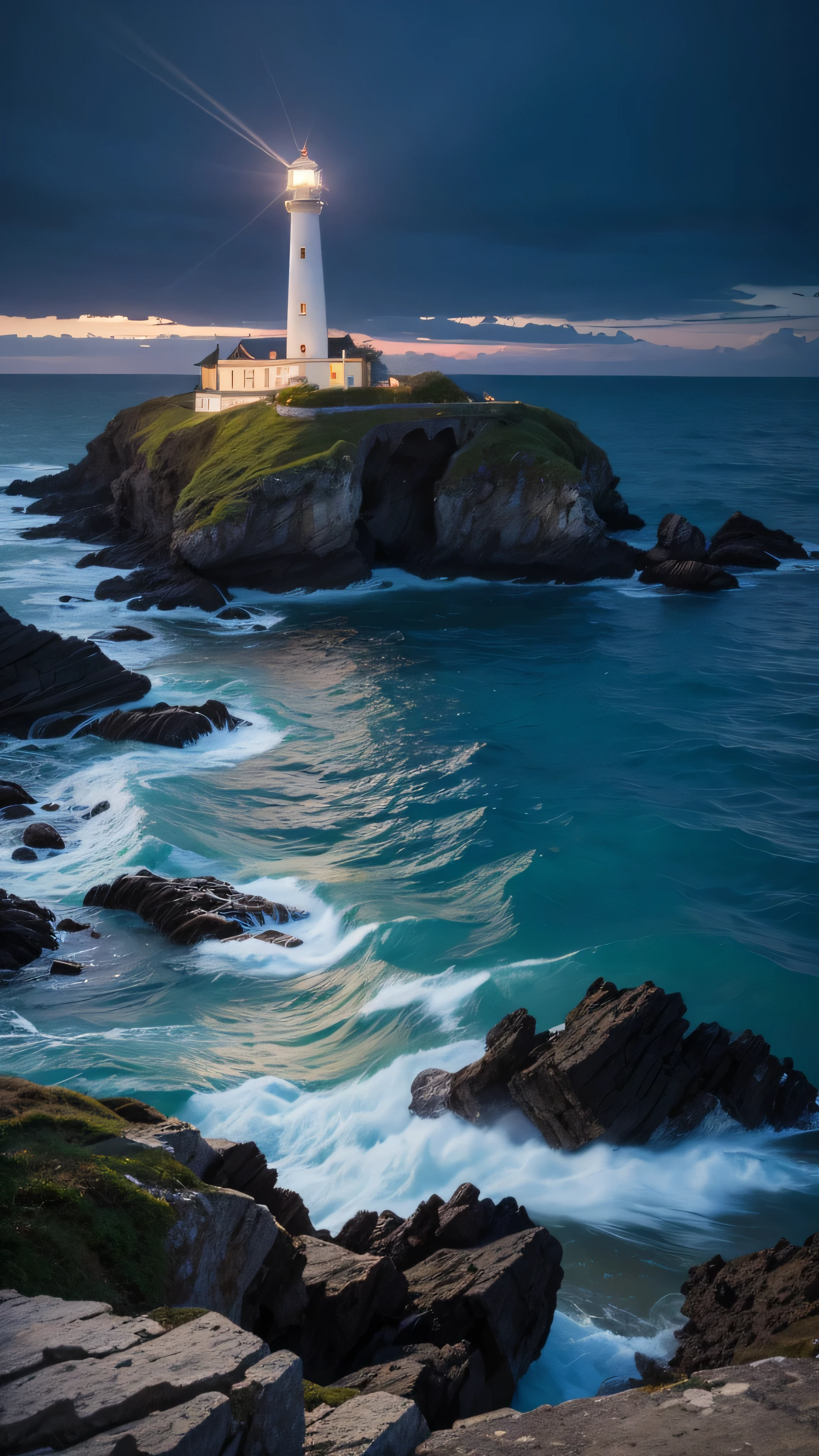  top quality , masterpiece,   beautiful wild natural fantasy landscape with sparkling lights、England's white rocky coastline 。Blue sky and sea　Background with a lighthouse visible in the distance