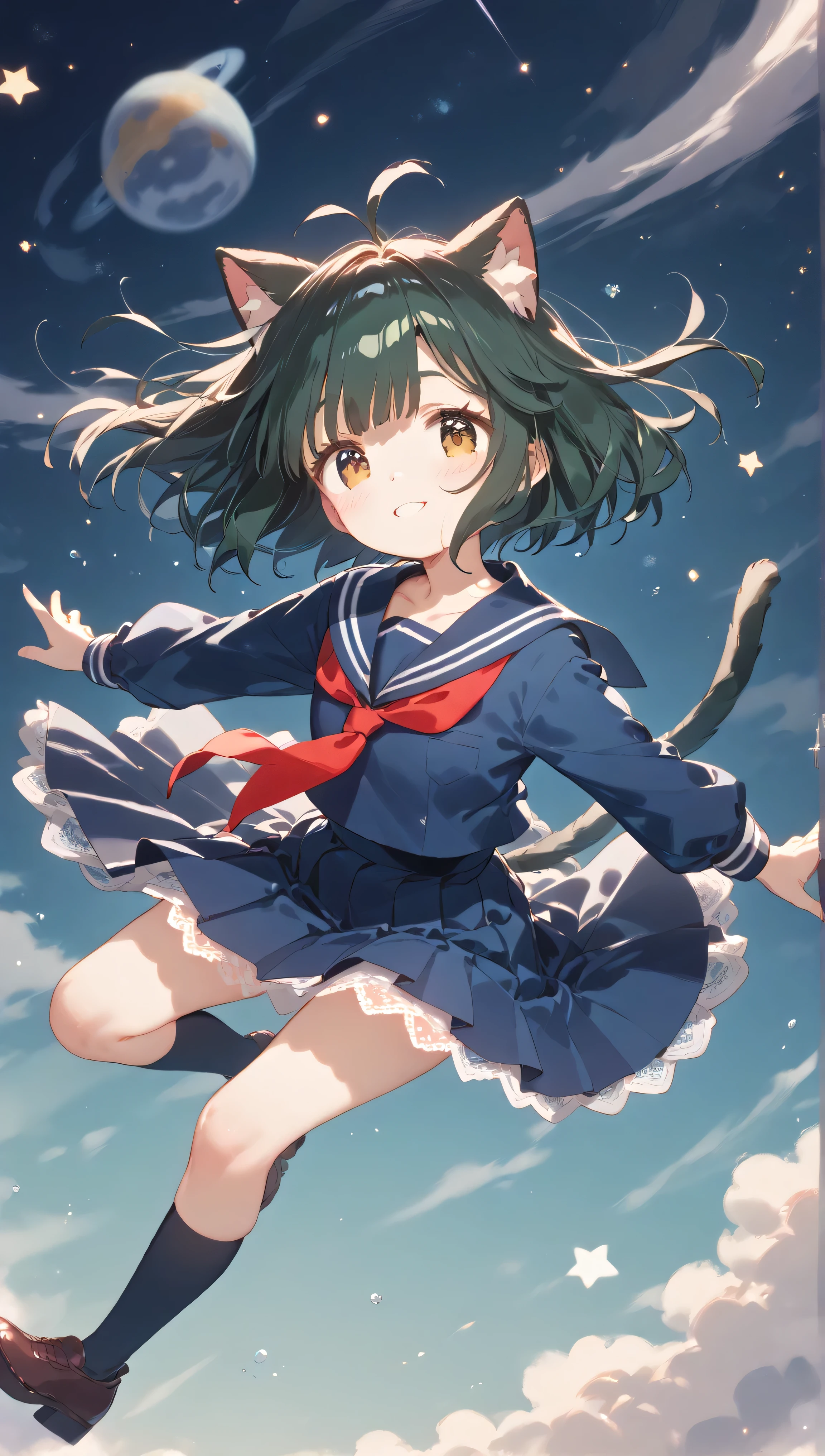  A cute girl is floating in the air catching the wind。,  draw the camera angle slightly to depict the whole body 。, (Hairstyle: dark green short bob with cat ears ), (face:Japanese girl with orange eyes and a shy smile), (Body Type: slender and short ), (emotion: peaceful and serene ), (clothing: a red ribbon tie on her chest in a dark blue sailor suit , pleated skirt, white lace inner skirt ), (posture:Unstable), (background:Stars sparkling in outer space 々), masterpiece, 