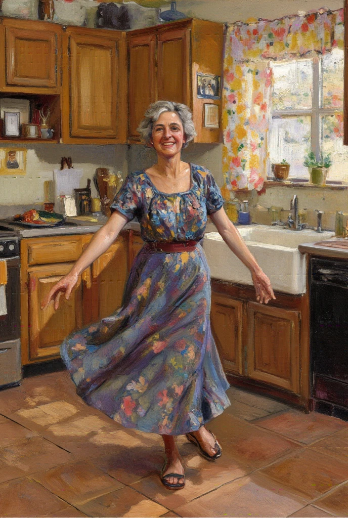 50 year old mother dancing in the kitchen, oil painting