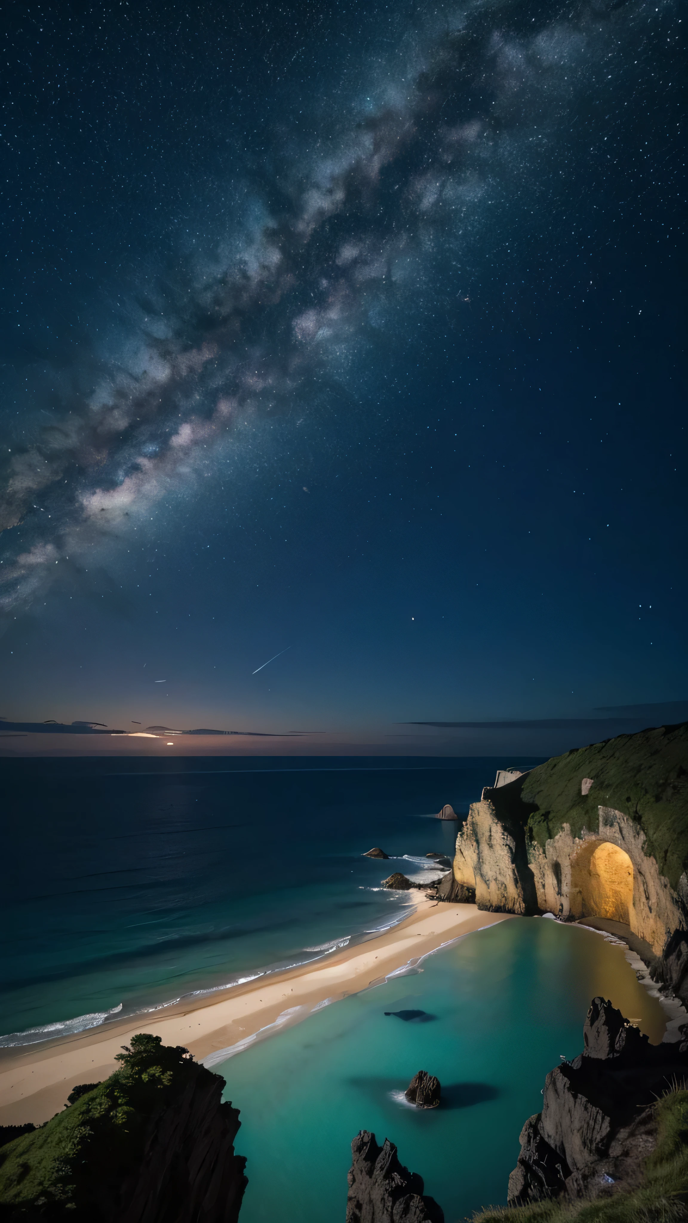  top quality , masterpiece,  A beautiful wild natural fantasy landscape with shining lights、England's white rocky coastline 。Blue sky and sea、The Milky Way galaxy can be seen in the sky 、