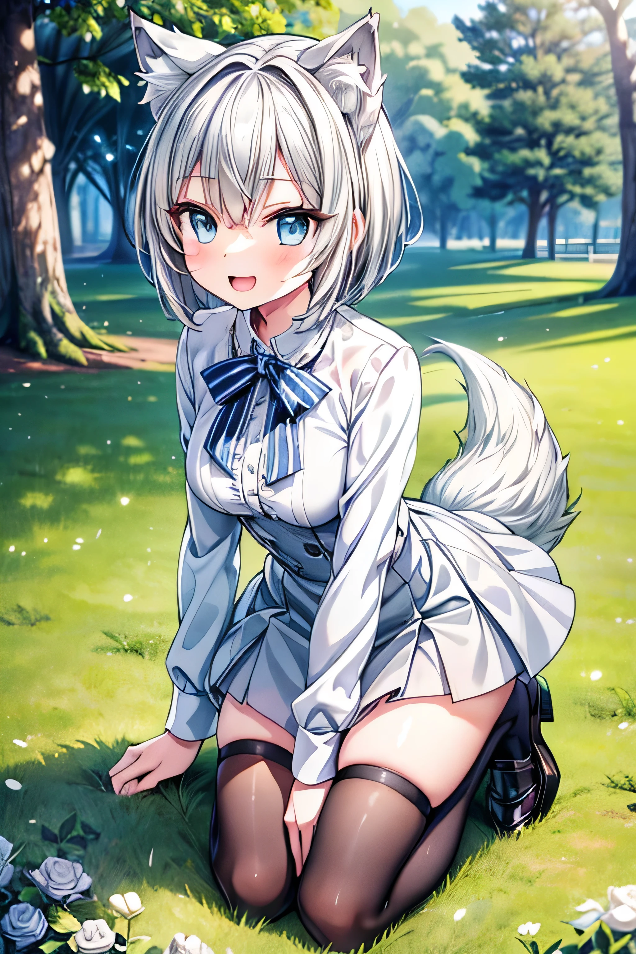 (extremely detailed, 8K resolution, with sharp focus, masterpiece, best quality, Moe Art style, sfw):1.2, 1 cute silver wolf lady, slender full body, kneeling on the grass in the park, detailed skyblue eyes, detailed pupil, extremely contented smile, open mouth, short hair, black loafers