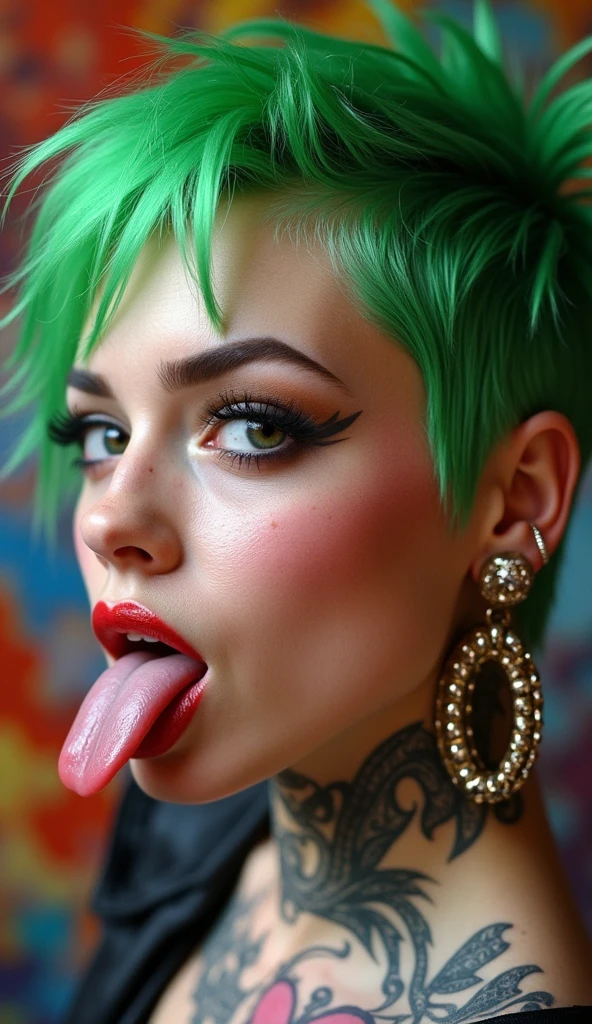 Focus a punk woman head with green hair short cut, style punk, she have pierced nose, and have several large hoop earrings, she stick out her whimsical two tongue, tattoo on face, Background is abstract, abstract expressionism, Artistic, psychedelic,