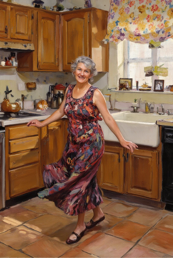 50 year old mother dancing in the kitchen, oil painting