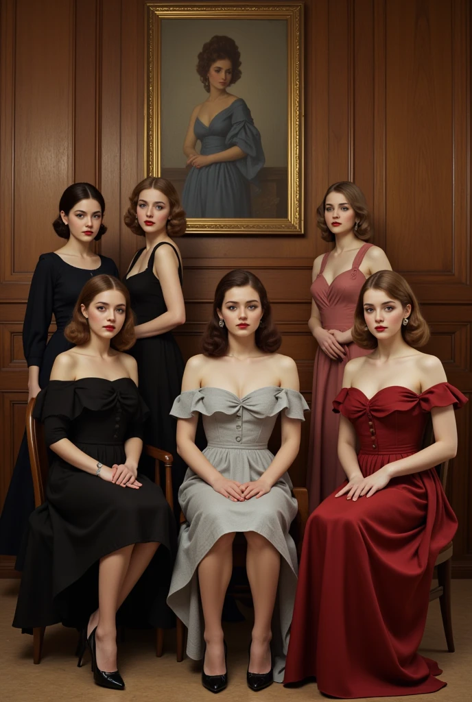 The image showcases six elegantly dressed women seated and standing in a refined, wood-paneled room adorned with framed paintings and artwork. The women wear off-the-shoulder dresses and stylish jewelry, exuding sophistication and poise. The three women seated at the front rest gracefully at a table, with the center woman turned slightly towards the one on her left, suggesting subtle interaction. The three women standing at the back display diverse postures – one looking directly at the camera, another glancing to the side, and the third gazing into the distance. Their hairstyles are immaculately styled in classic mid-20th-century fashion, complementing their outfits. The overall atmosphere conveys a sense of timeless glamour and high society, with the women appearing as models or socialites in a vintage fashion shoot or formal gathering. The composition balances elegance and symmetry, with the painting in the center background enhancing the artistic and luxurious tone of the image.