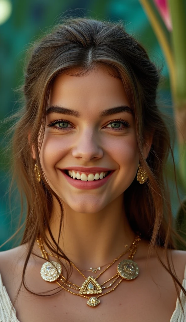 a girl smiling, in the style of reefwave, metalwork jewelry, goa-insprired motifs, eco-friendly craftsmanship, smooth and shiny, exotic, softly organic