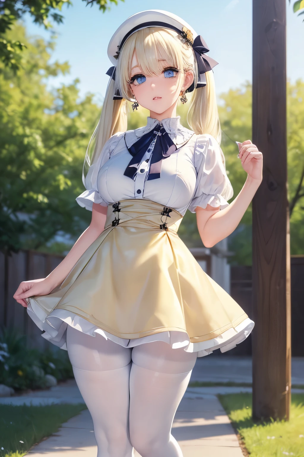 ((fat legs)), ((perfect eyes)), (finely detailed eyes and detailed face:1.3), (extremely fine and beautiful:1.1), (Perfect details:1.1), blue eyes, earings, (standing), hat, dress, twintails, bandages, ribbon, knee pads, short sleeves, ((glossy pantyhose)), mini skirt, (blond,white hair:1.4), (((outdoor))), evening,