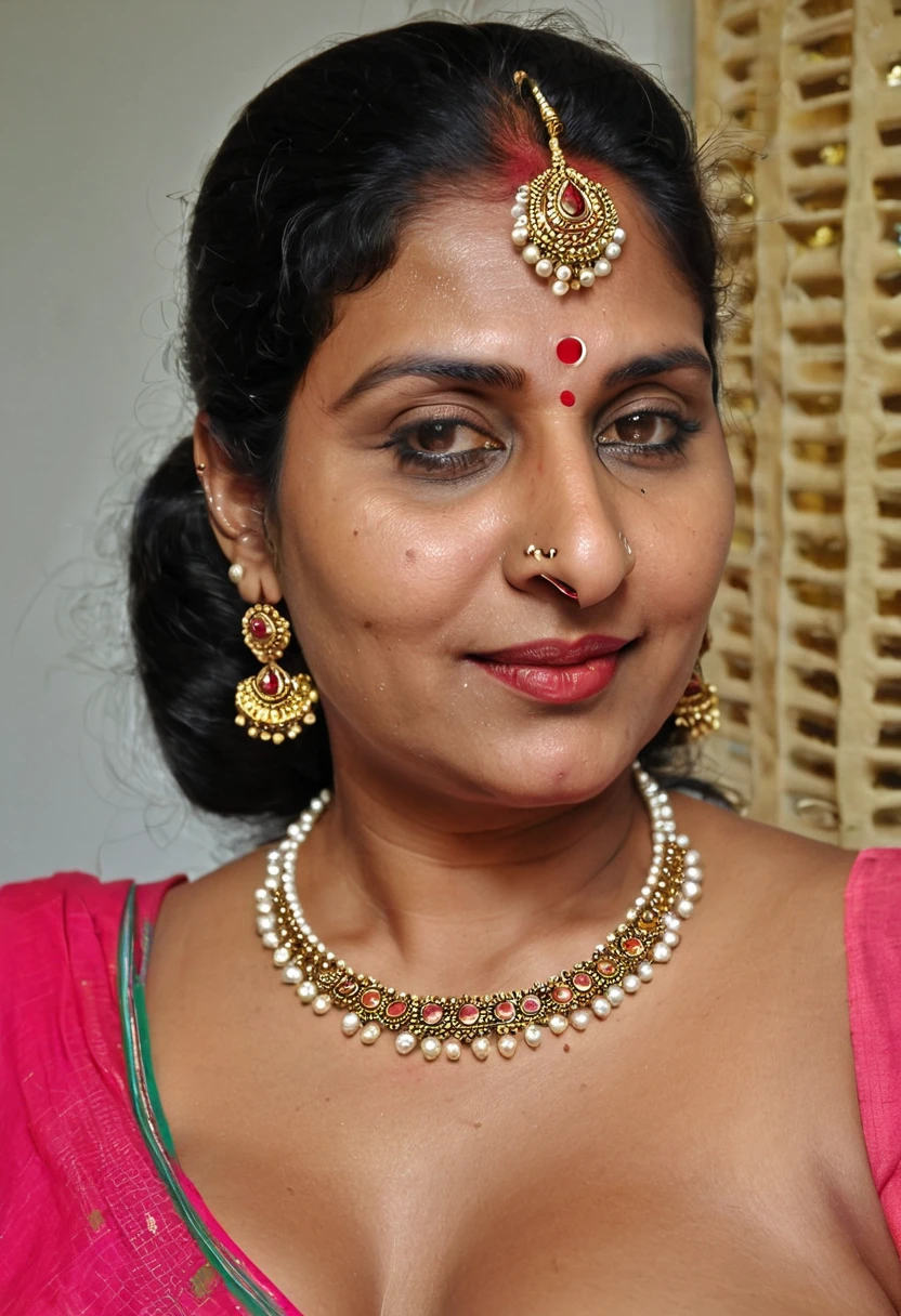 Indian beautiful aunty, nude full body, 50 years old aunty, dark skinned aunty, red lips, big breasts, aunty wears a small red dot (bindi) on her forehead, aunty has a refined nose ring and beautiful earrings with flower and pearl designs, aunty is in a sea of ​​orgasm, aunty has a sexually attractive body, detailed eyes and face, beautiful detailed nose, beautiful detailed eyes, thick body, well-endowed, big chubby aunty, sexy figure, sexy thick navel folds, sexy mature maternal curves, mature aunty, curvy hot mom figure, black hair, juicy deep navel, brown skinned Indian aunty, aunty's nipples are dripping milk and the young man is sucking the milk coming from the nipples, ((NSFW)),
