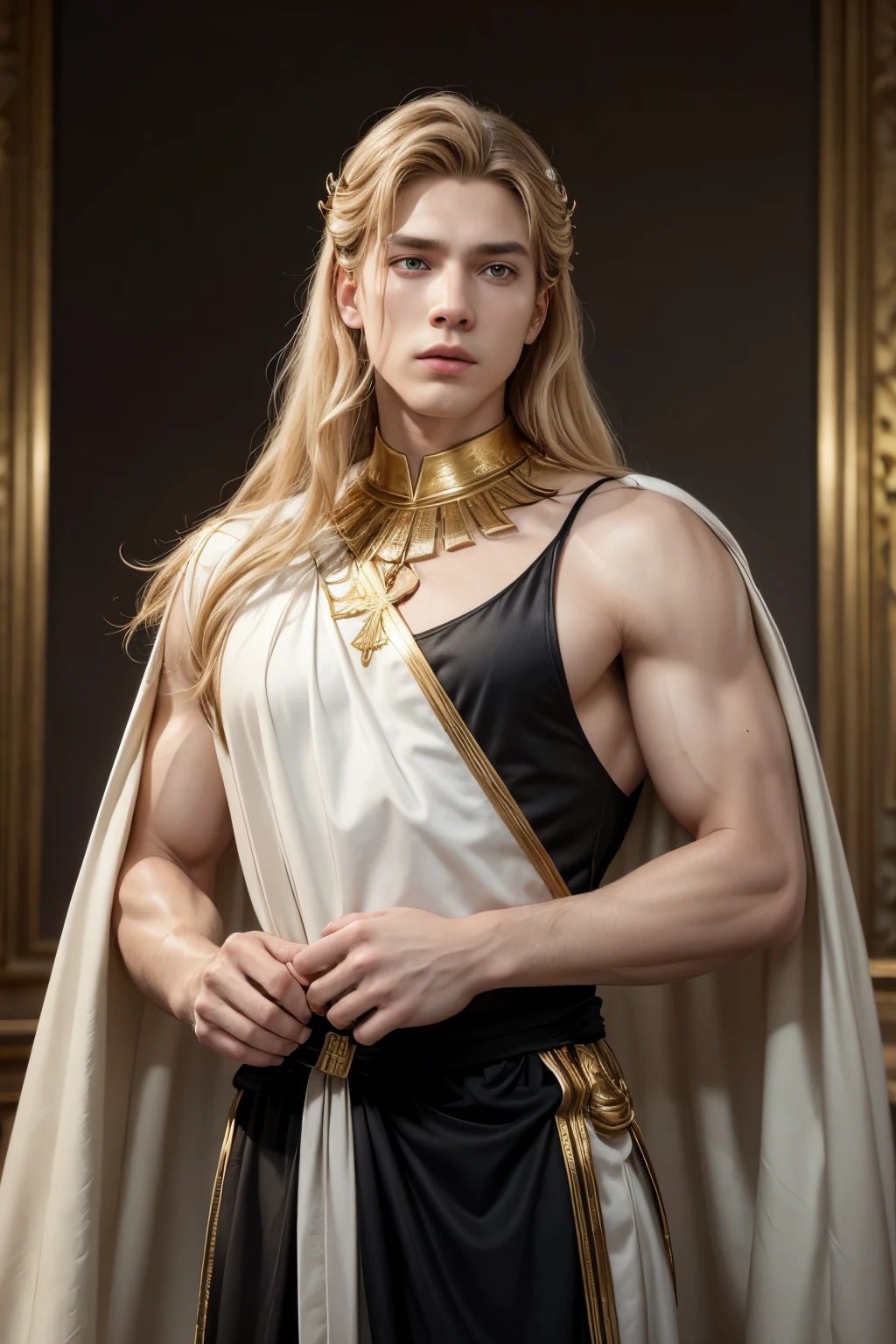 (1boy, photorealistic:1.4, ultra realistic, masterpiece:1.2, best quality, 4k, 8k), Create a photorealistic image that embodies the regal and charismatic nature of the zodiac sign Leo. Feature a striking male model with a commanding presence and a beautiful blonde mane of hair, standing confidently in an opulent setting filled with golden hues and dramatic lighting. Surround him with symbols of royalty, such as a majestic throne, rich tapestries, and a crown that hints at his fiery spirit. The model’s attire should be luxurious, sexy and bold, reflecting Leo’s love for the dramatic and the theatrical. Capture the essence of his fierce and passionate nature through dynamic poses and intense expressions. The backdrop should exude a sense of grandeur and splendor, showcasing Leo’s innate ability to captivate and inspire those around him, (detailed face, delicate skin, ultra realistic skin, shot on Nikon d850 50mm, dlsr, RAW)