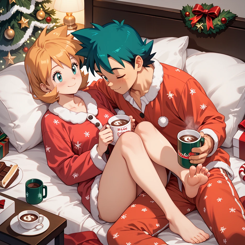 highly detailed, (couple), hetero, (duo focus), highres, 1man, 1woman, BREAK, 1man, ash ketchum, aged up, handsome boy, good looking boy, wearing Christmas pajamas, BREAK, 1woman, misty_g2, barefoot, wearing Christmas pajamas, cuddling, cup of hot chocolate, 