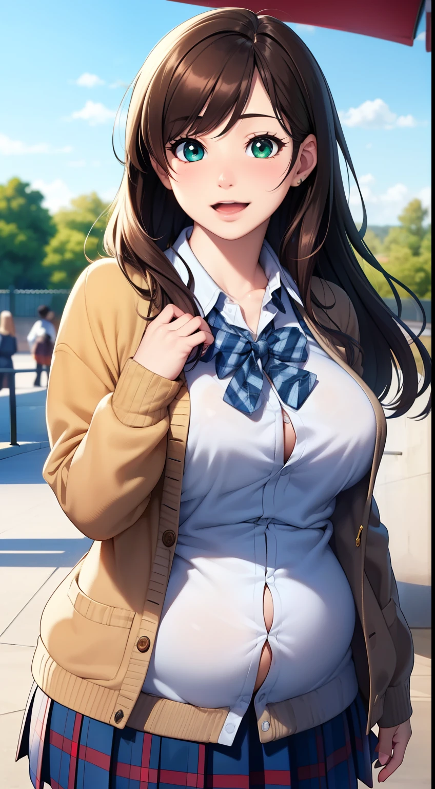 ((masterpiece, best quality, highres, UHD, perfect pixel, depth of field, 4k, RTX, HDR)), 1girl, single, solo, beautiful anime girl, beautiful artstyle, anime character, ((long hair, parted bangs, brown hair)), (green eyes:1.4, rounded eyes, beautiful eyelashes, realistic eyes), (detailed face, blushing:1.2), (smooth texture:0.75, realistic texture:0.65, photorealistic:1.2, anime CG style), medium breasts, (dynamic angle, dynamic pose:1.4, looking to viewer), chubby,, ((JK school uniform, plaid skirts, neck bowtie, cardigan)), smile, open mouth, leaning forward, hands behind back, amusement park, overweight, chubby belly straining her shirt, fully clothed.