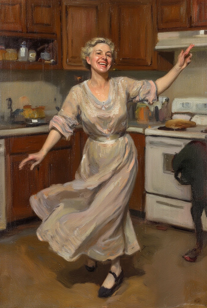 50 year old mother dancing in the kitchen, surreal oil painting